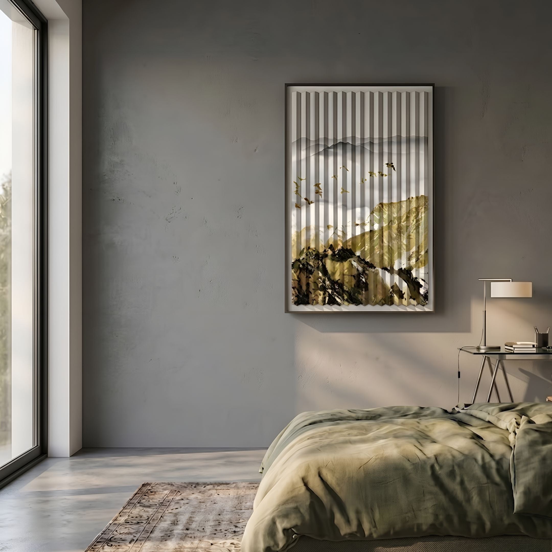 Flutara Golden Summit Folded Acrylic 3D Wall Art displayed on a grey bedroom wall above an olive-toned bed, beside a window and desk lamp.