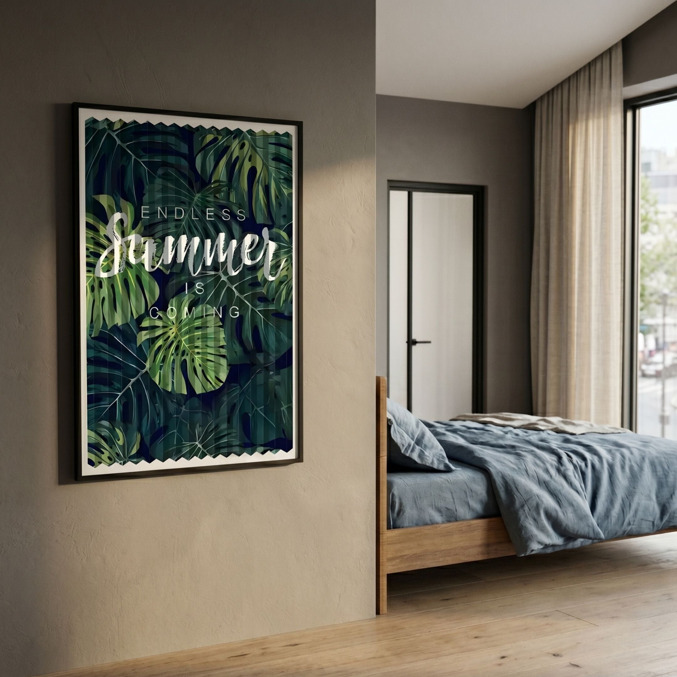 Flutara Endless Summer Folded Acrylic 3D Wall Art with green palm leaves and white typography, displayed in a modern bedroom above a wooden bed.