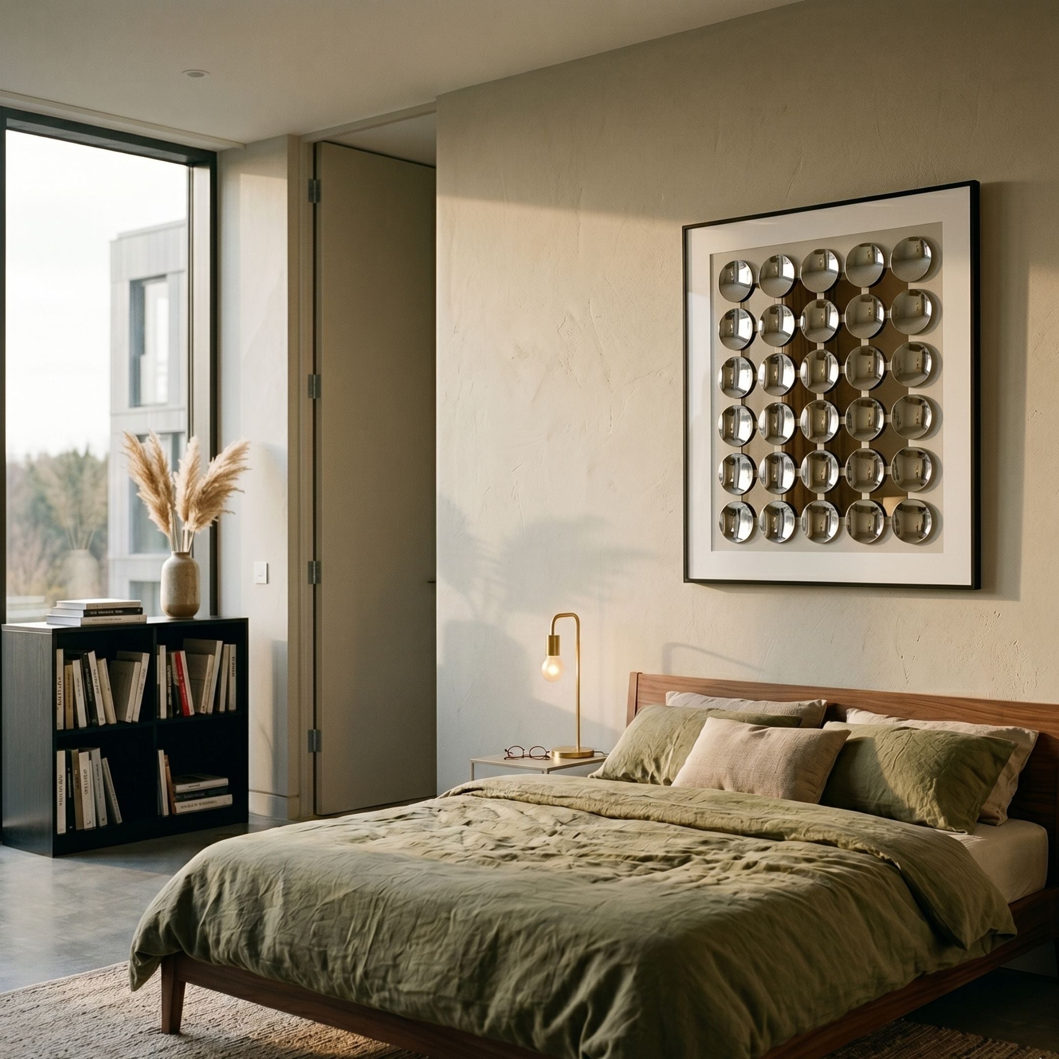 Refractura Chrome Mirror Disc Acrylic 3D Wall Art by Giant Sculptures displayed above a wooden bed with green linen in a modern bedroom with bookshelf.