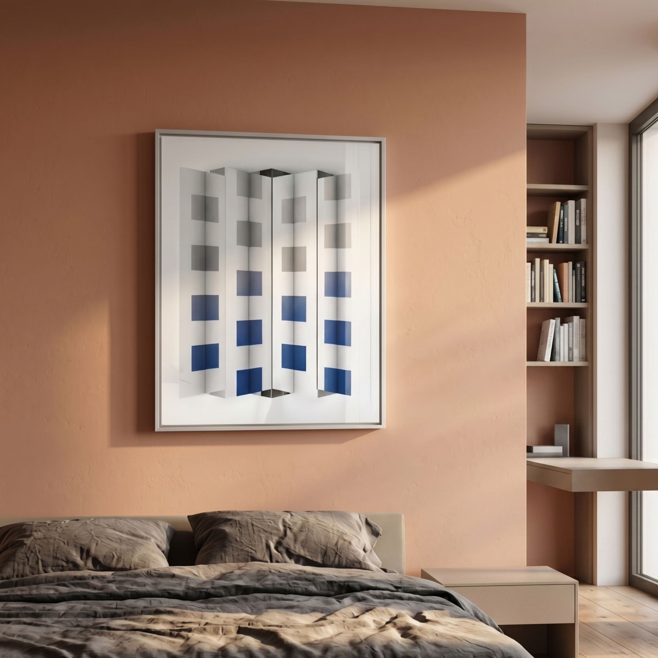 Gridure Grey & Blue Panel Acrylic 3D Wall Art with folded vertical panels and navy squares, displayed on a terracotta bedroom wall above a bed.