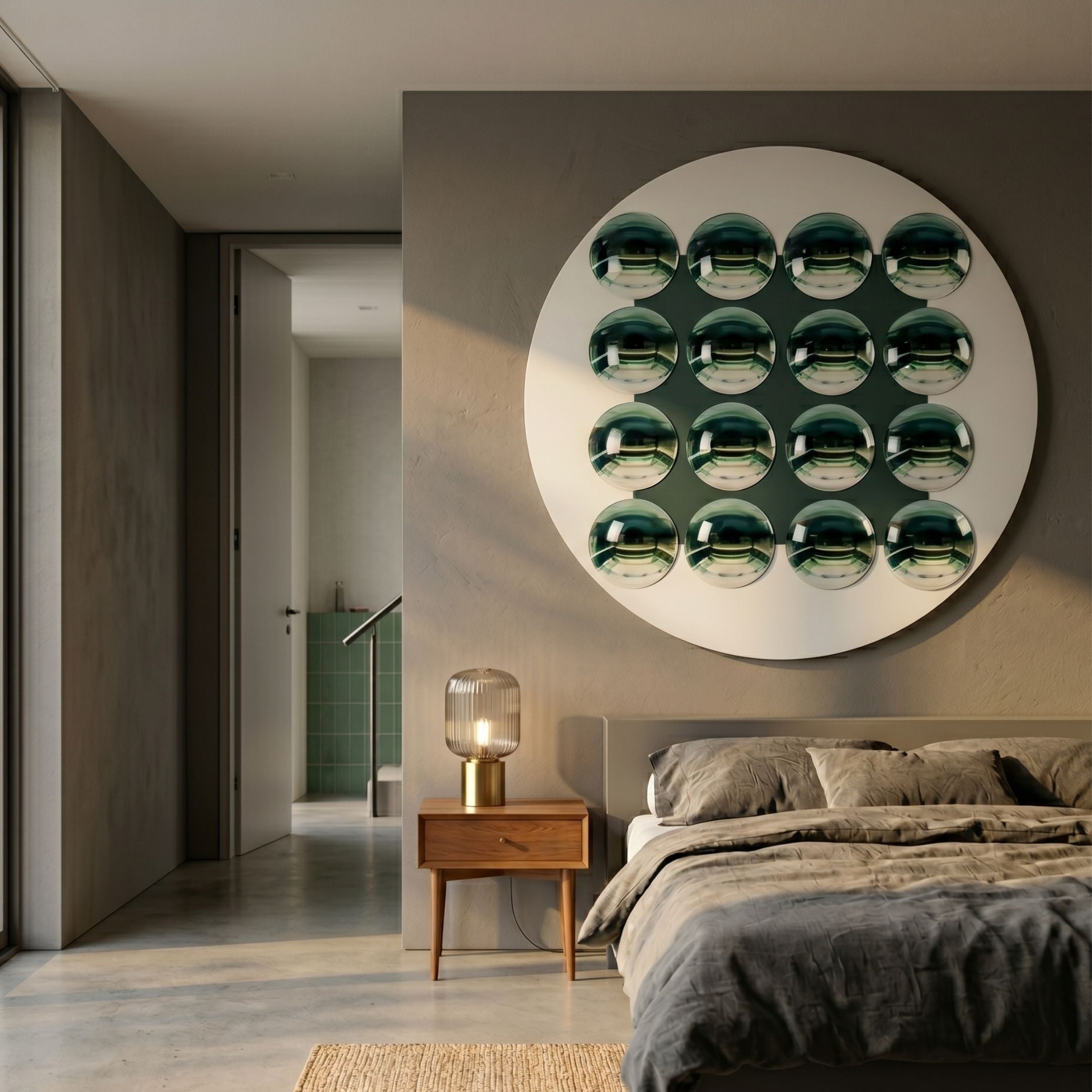 Orbivue Green Mirror Dome Acrylic 3D Wall Art by Giant Sculptures mounted above a wooden bedside table in a modern bedroom with grey linen bed.