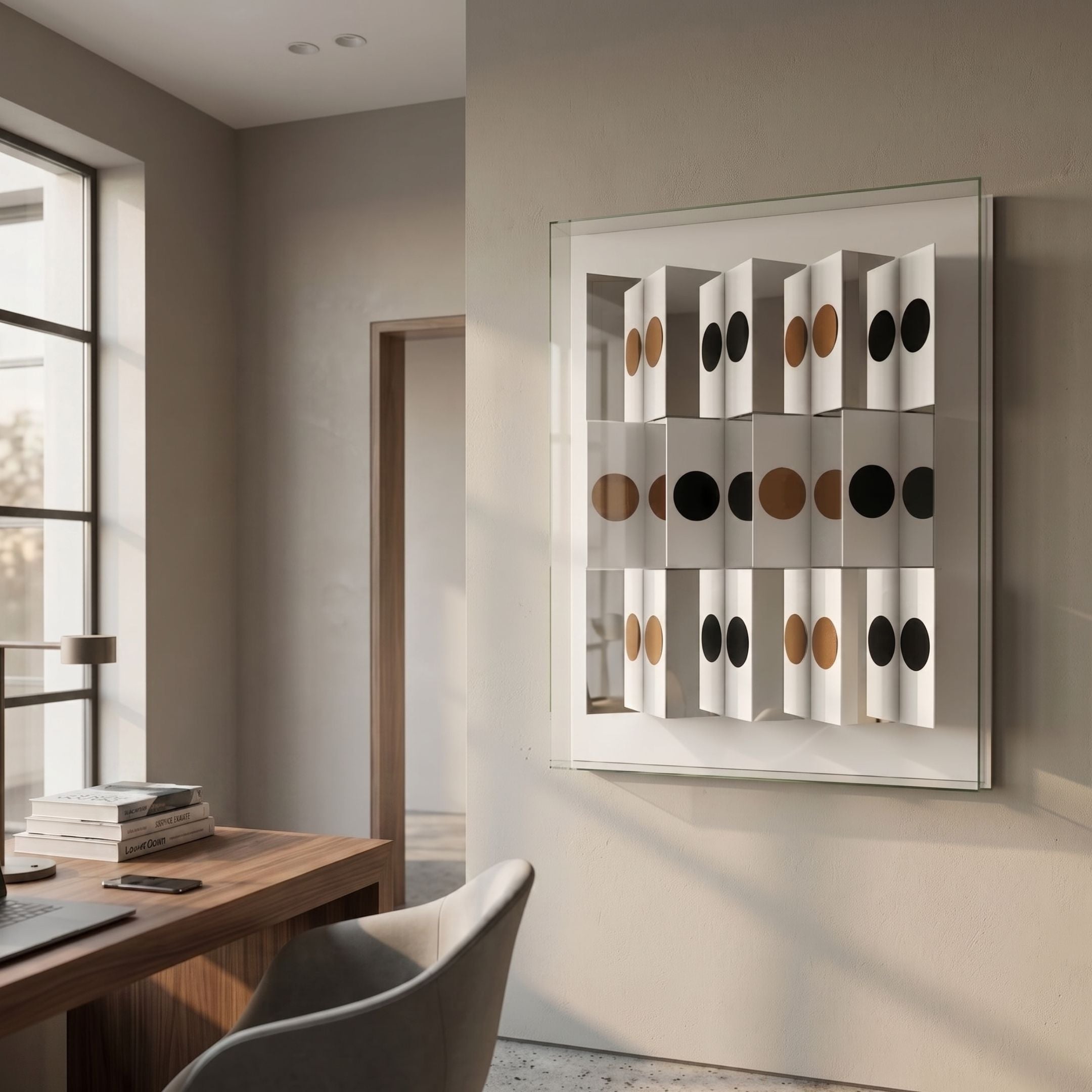 Valdris Bronze & Black Circle Panel Acrylic 3D Wall Art by Giant Sculptures displayed on a cream wall in a modern office beside a walnut desk and window.