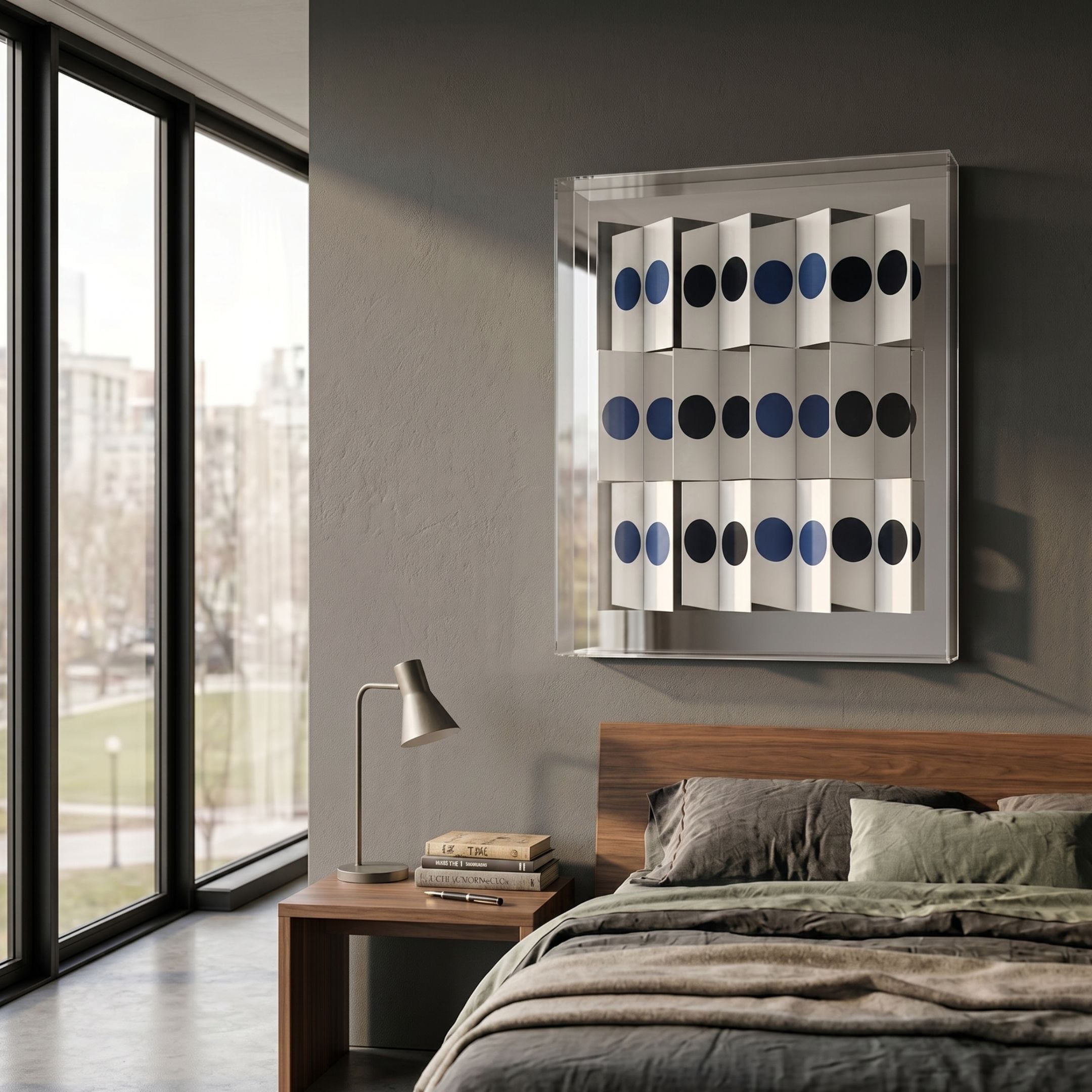 Valdris Blue & Navy Circle Panel Acrylic 3D Wall Art by Giant Sculptures displayed above a walnut nightstand in a modern bedroom with floor-to-ceiling windows.