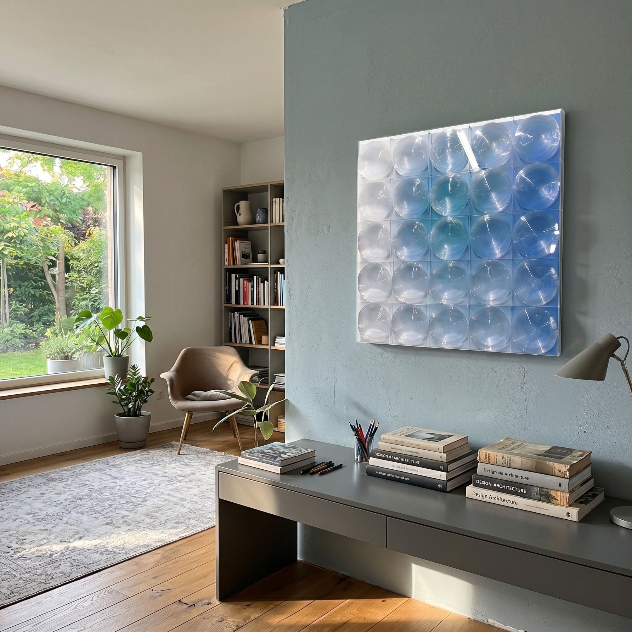 Dromara Sky Mist Gradient Acrylic 3D Wall Art mounted on a grey-blue wall in a modern living room with bookshelf, armchair, and grey console below.