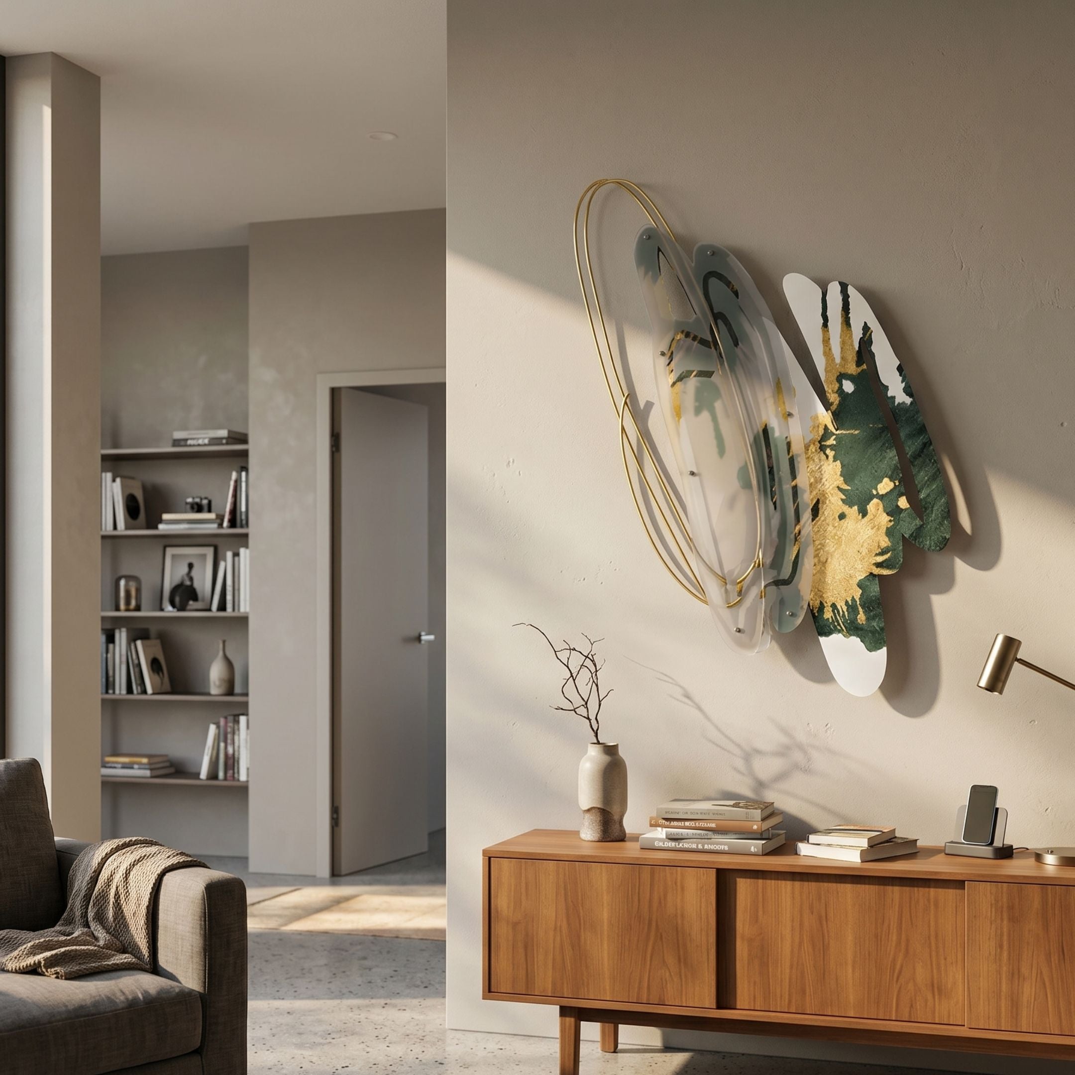 Aerava Emerald & Gold Sculptural Acrylic 3D Wall Art by Giant Sculptures, displayed above a wooden sideboard in a sunlit modern living room with bookshelf.