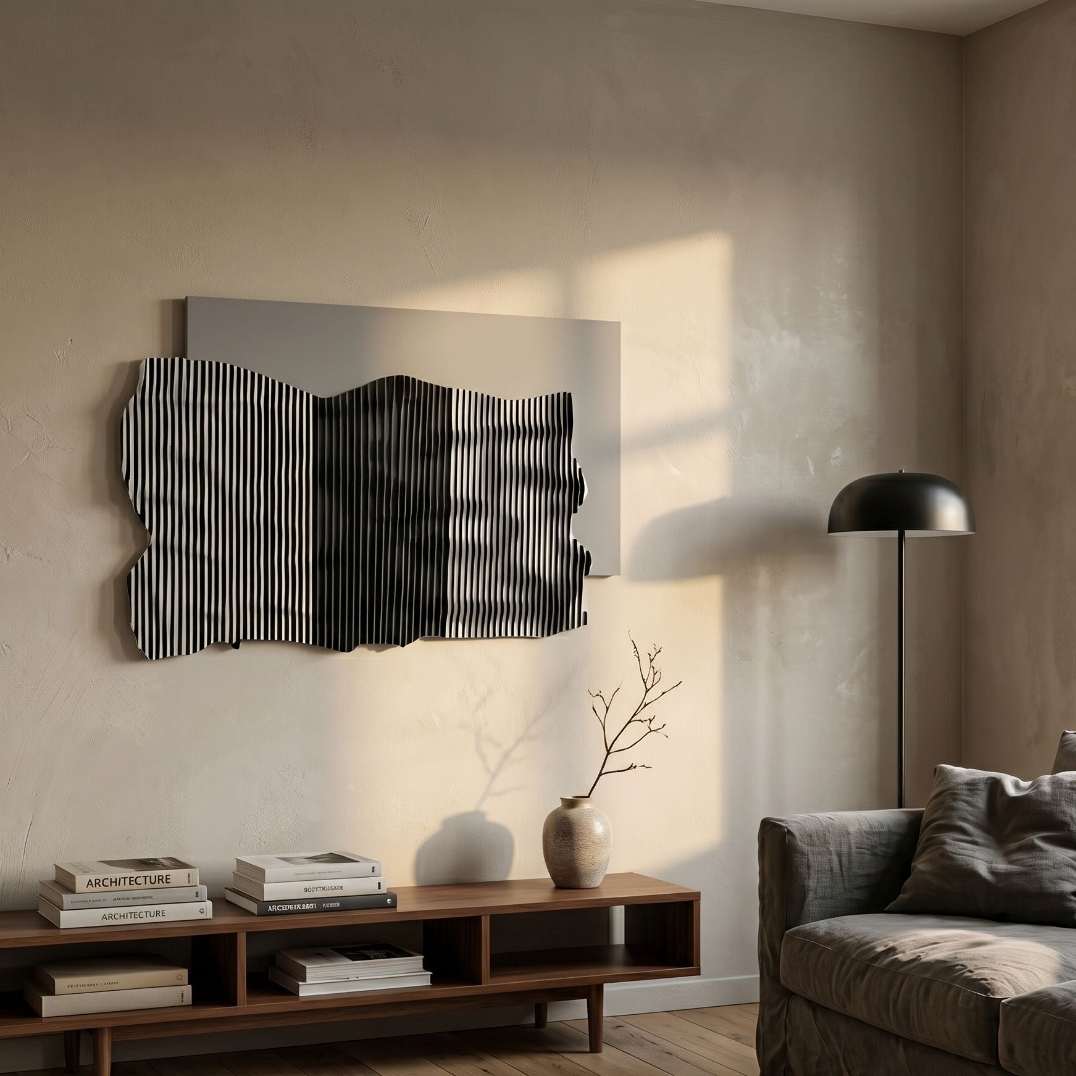 Strialux Flow Veil 3D wall art with wavy black-and-white acrylic stripes on grey leather, displayed above a wooden console with books, vase and floor lamp.