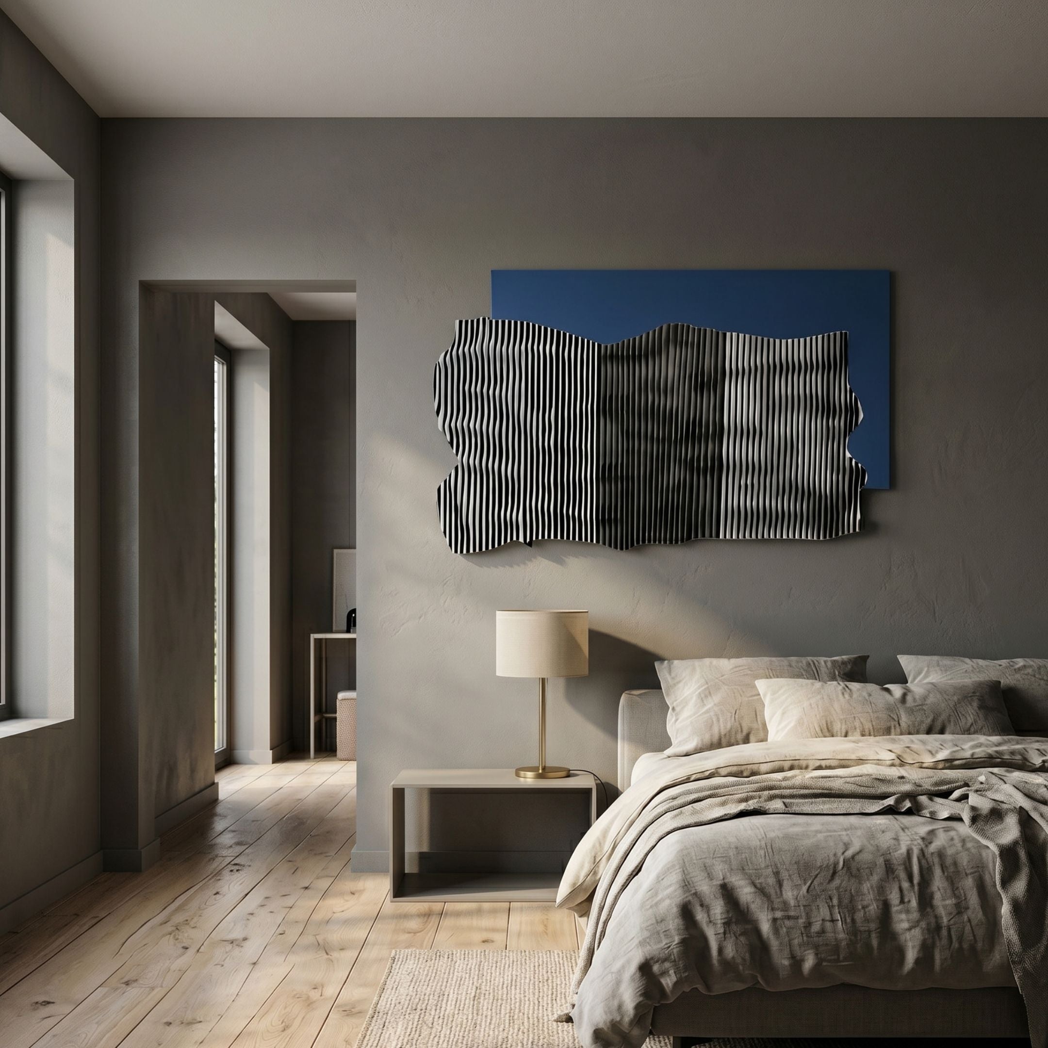 Strialux Flow Veil Blue Leather & Acrylic 3D Wall Art by Giant Sculptures, mounted above a bed with a bedside lamp in a grey-walled modern bedroom.