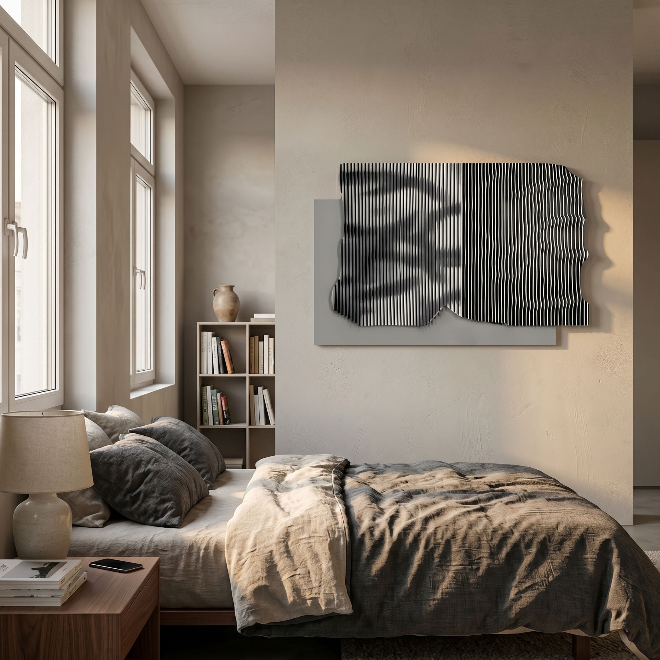 Strialux Mono Illusion Grey Leather & Acrylic 3D Wall Art with black and white striped relief on a grey base, mounted above a bed in a sunlit bedroom.