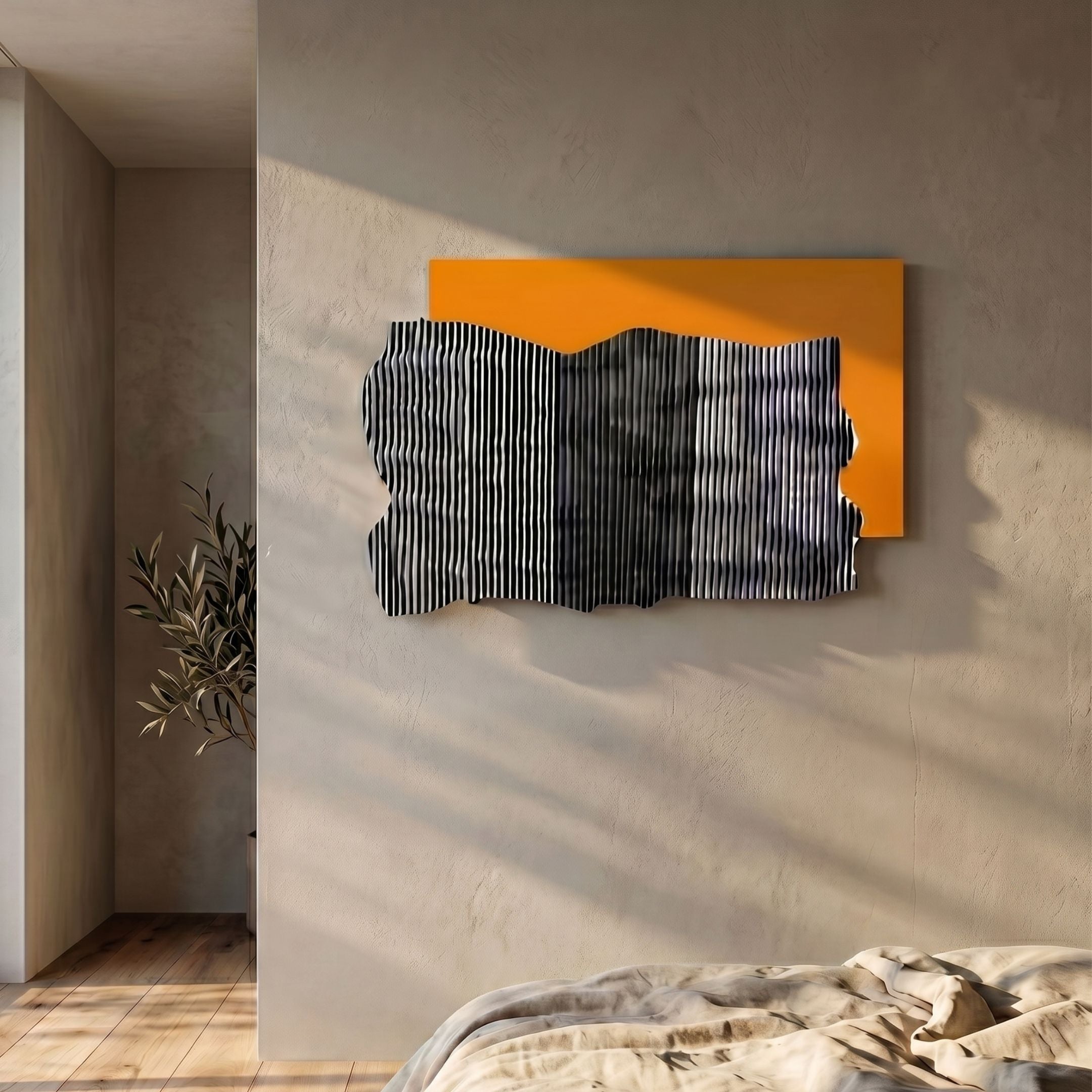 Strialux Flow Veil Amber Leather & Acrylic 3D Wall Art with black and white wavy stripes over an orange panel, mounted in a sunlit bedroom.