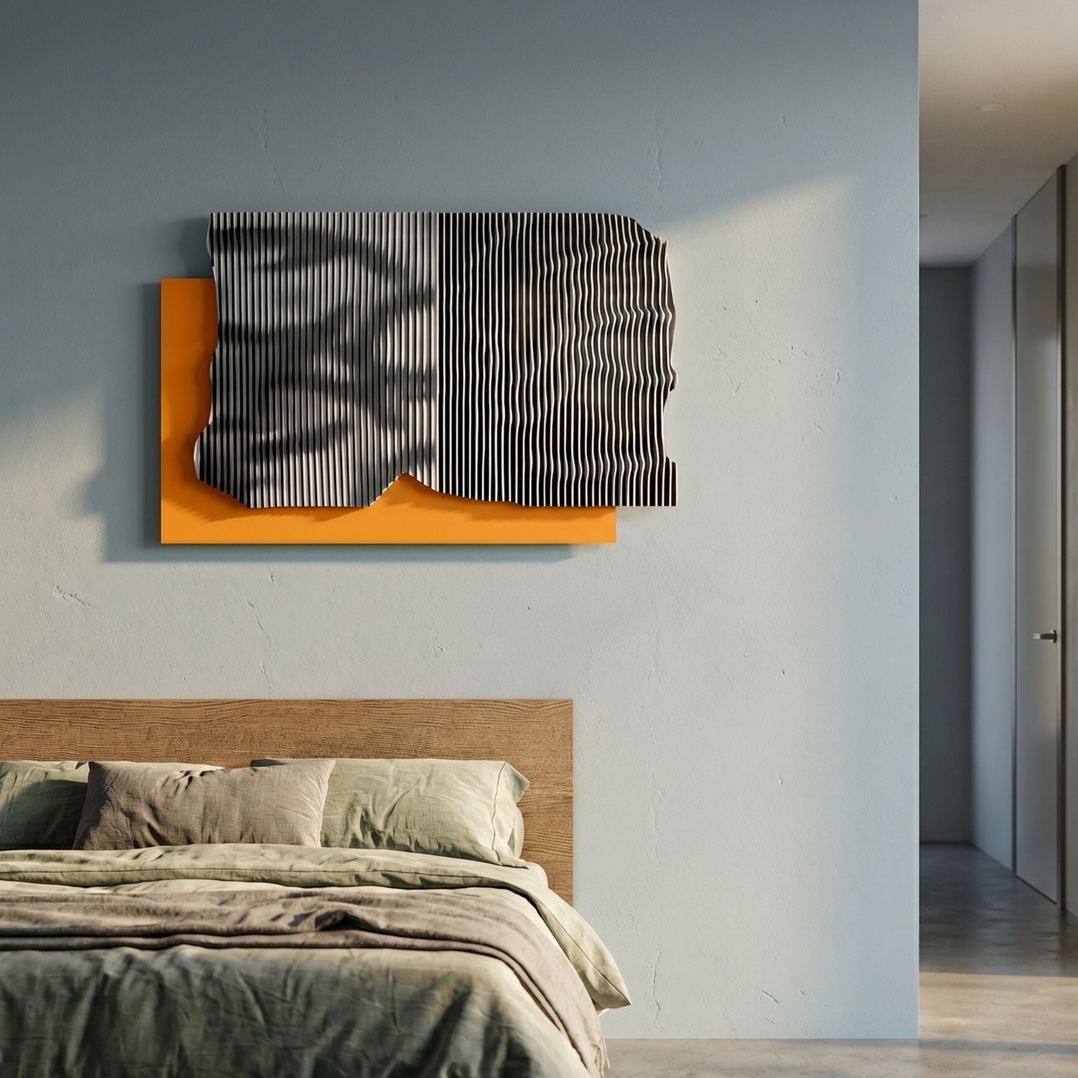 Strialux Mono Illusion Amber Leather & Acrylic 3D Wall Art by Giant Sculptures, with sculpted black-and-white ripple stripes on amber panel, above a bed.