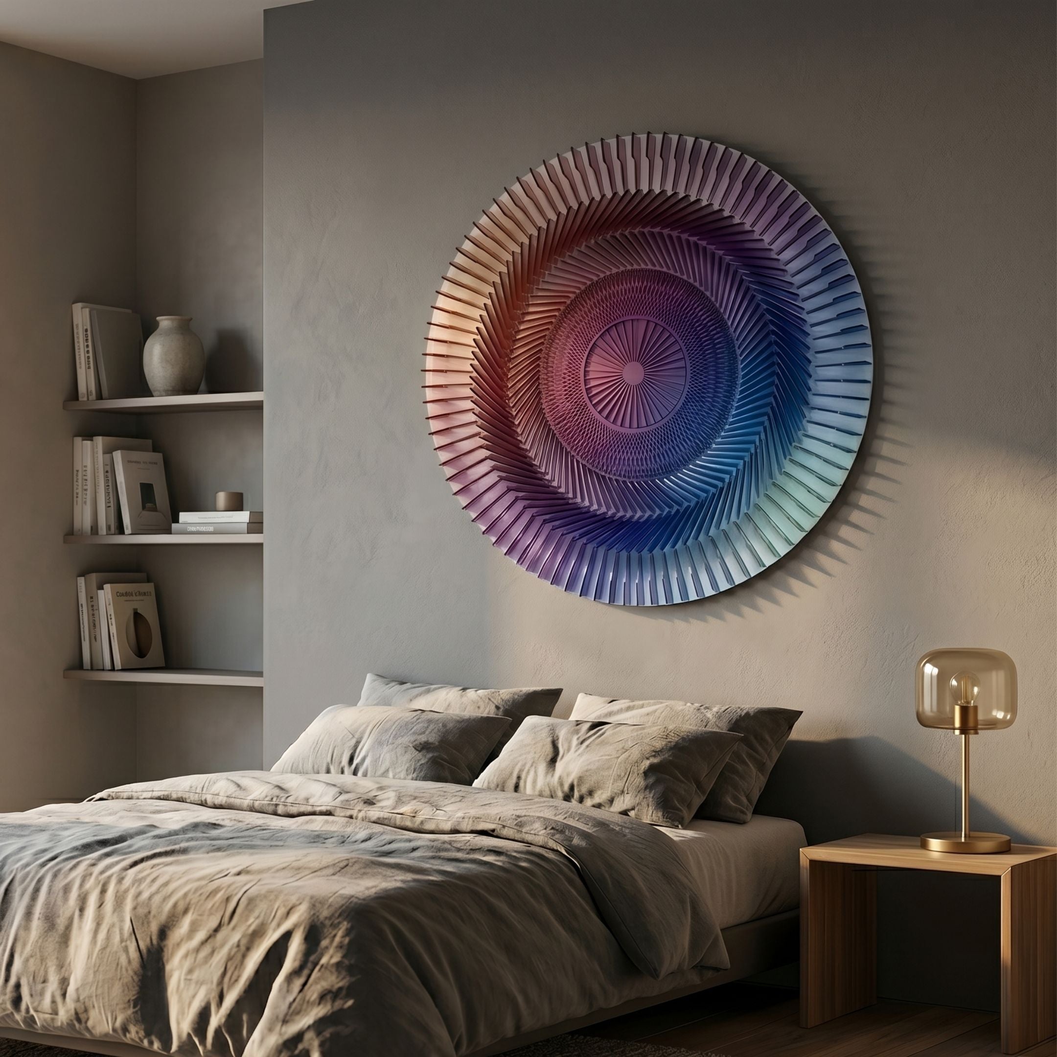 Vortara Twilight Spiral Gradient Acrylic 3D Wall Art by Giant Sculptures mounted above a linen-dressed bed, beside book shelves and a brass lamp.