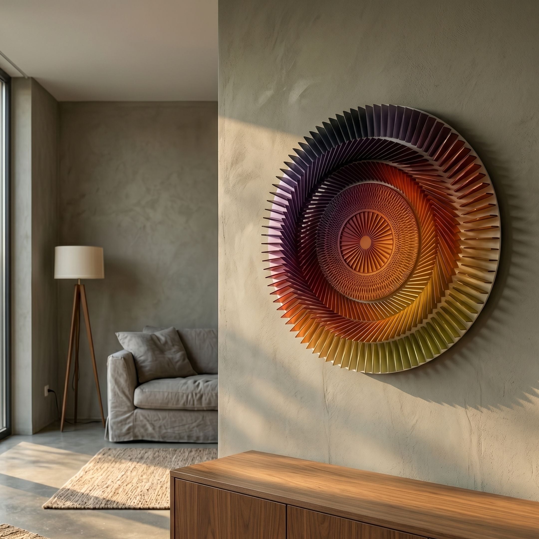 Vortara Sunset Spiral Gradient Acrylic 3D Wall Art by Giant Sculptures, mounted on a textured beige wall above a wooden console in a modern living room.