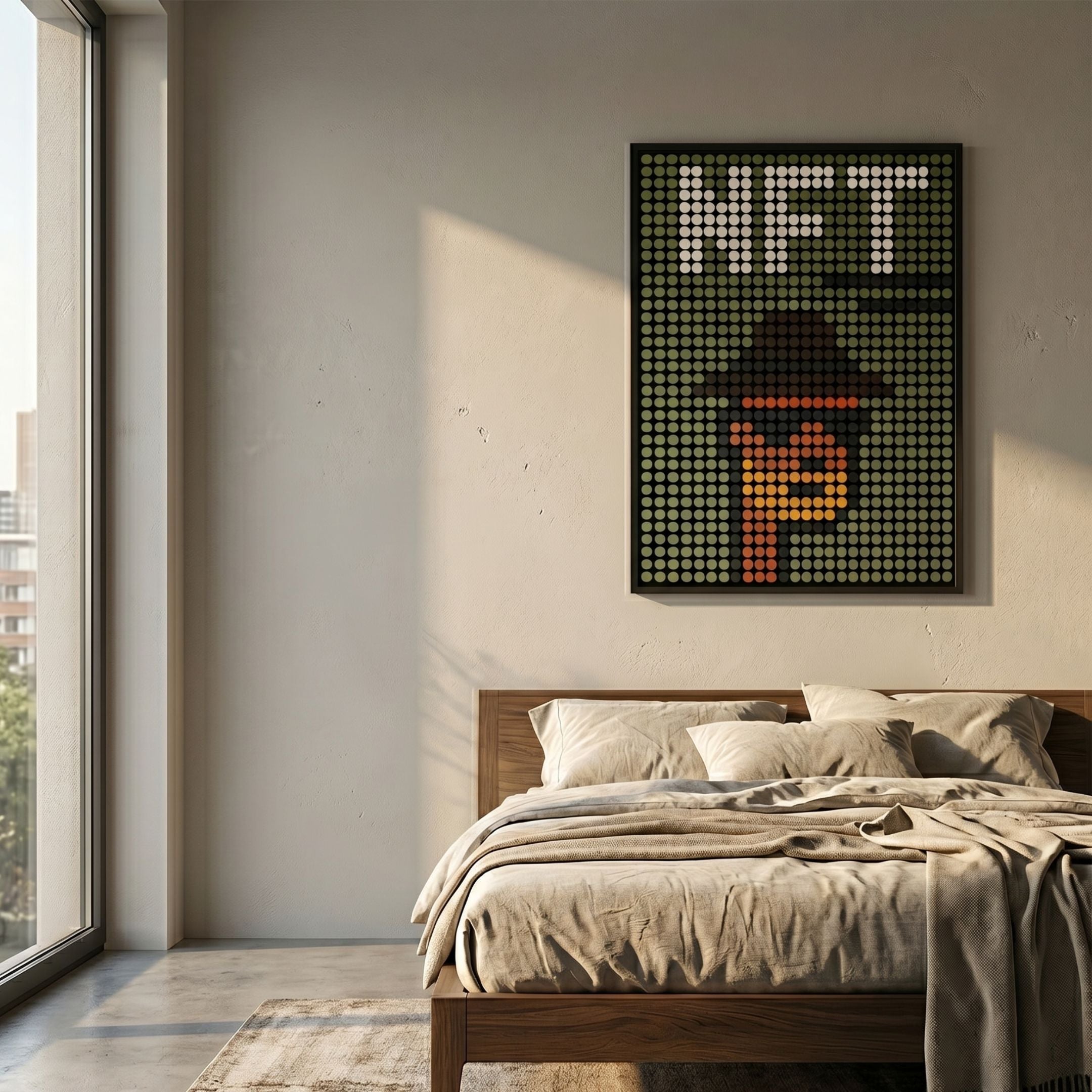 Pixelade NFT Shades Acrylic Dot 3D Wall Art by Giant Sculptures, displayed above a wooden bed with linen bedding in a sunlit modern bedroom.