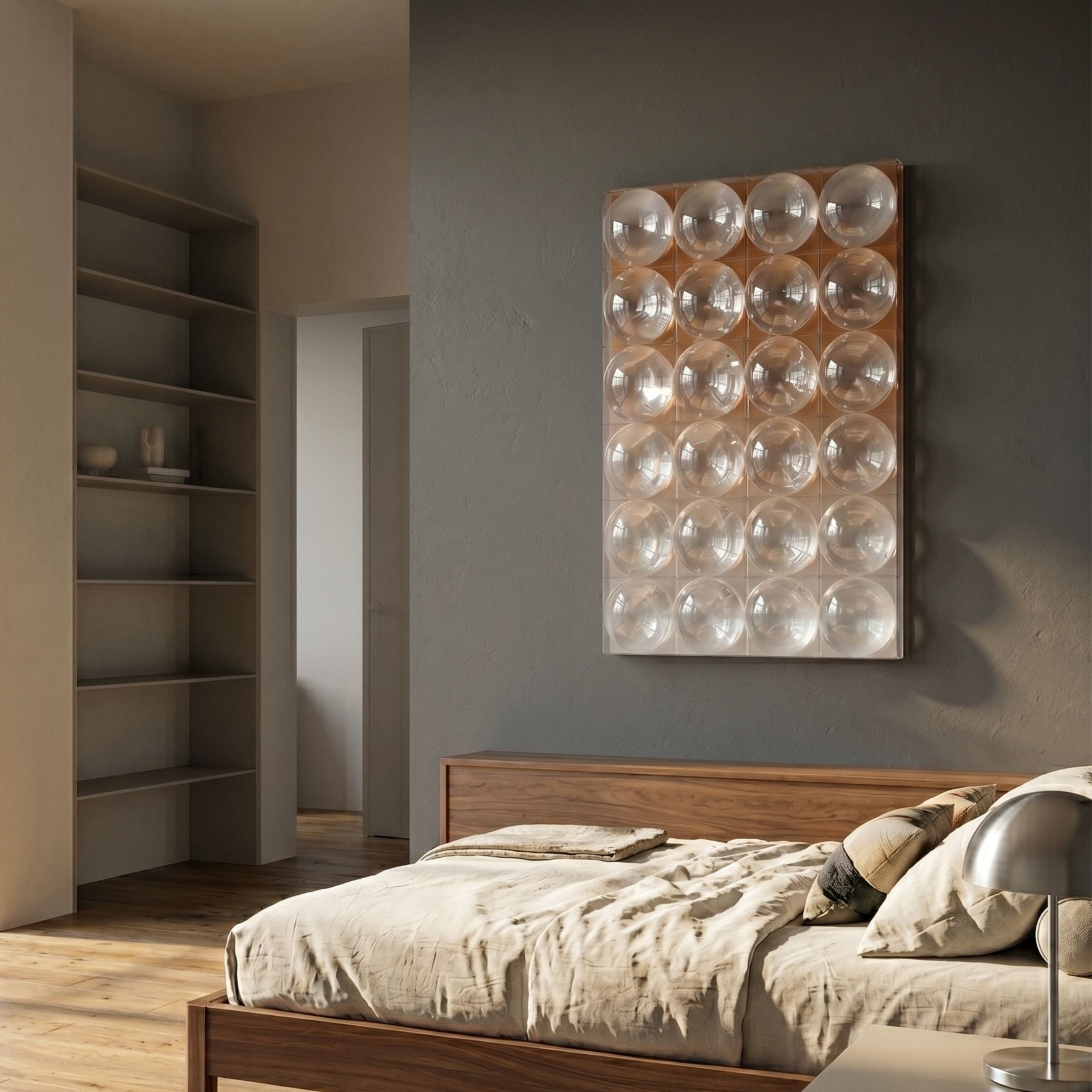 Lucentra Amber Gradient Grid Acrylic 3D Wall Art by Giant Sculptures displayed above a walnut bed in a grey-walled bedroom with built-in shelving.