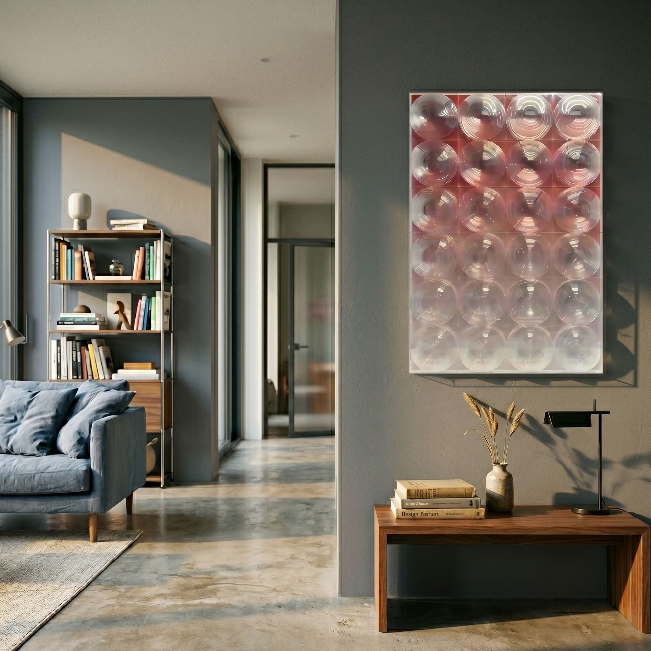 Lucentra Rose Gradient Grid Acrylic 3D Wall Art by Giant Sculptures displayed on a grey wall above a walnut console in a modern living room with blue sofa.