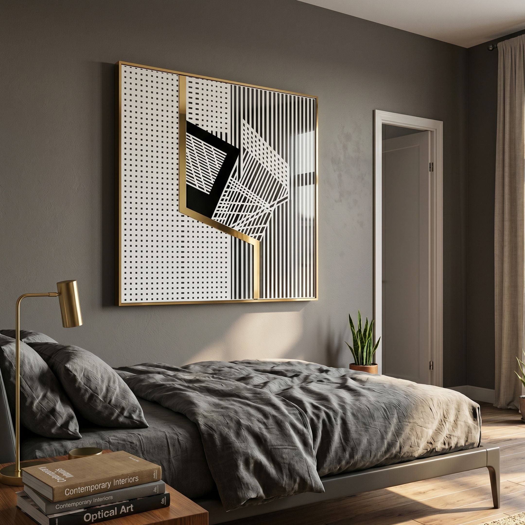 Gradata Black & Gold Geometric Acrylic 3D Wall Art by Giant Sculptures displayed above a grey linen bed with brass lamp in a modern dark-walled bedroom.