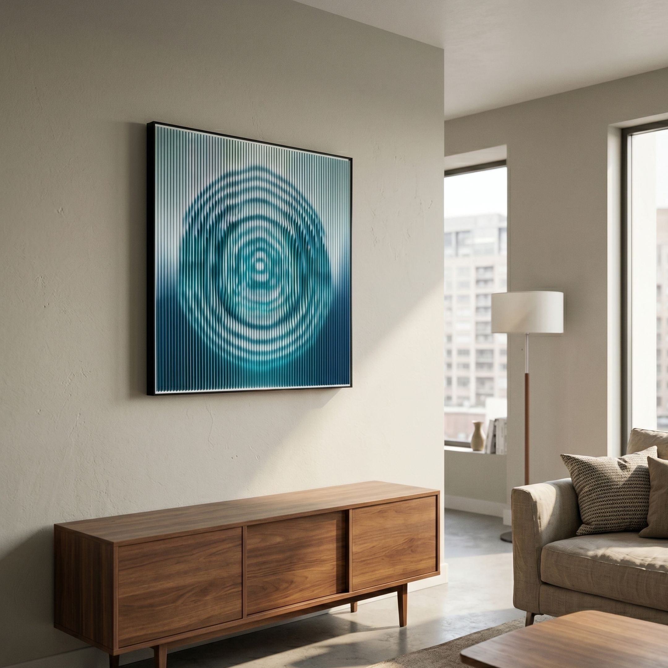 Cirvara Teal Concentric Ripple Acrylic 3D Wall Art mounted above a walnut sideboard in a modern living room with a beige sofa and floor lamp.