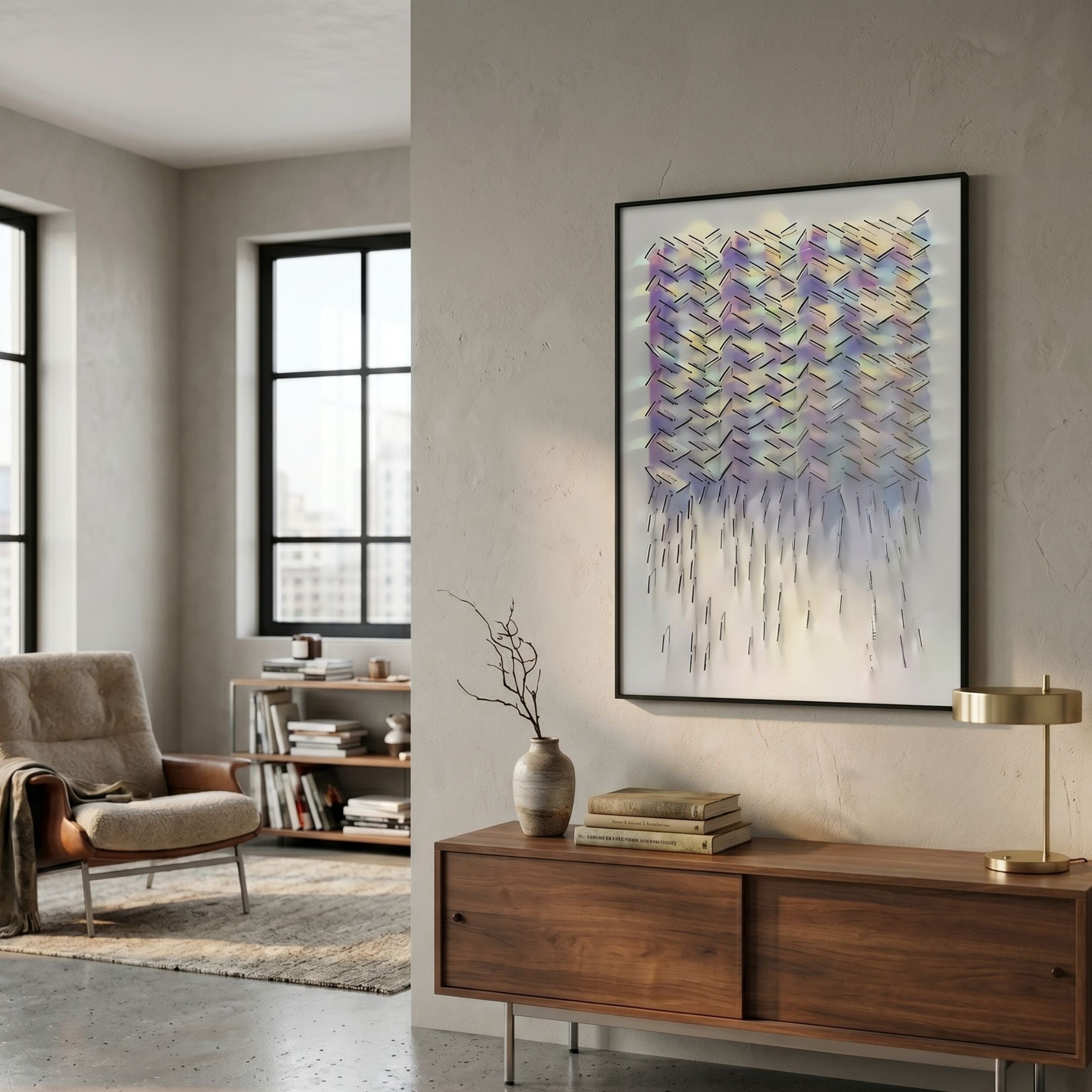 Haliora Cascade Shard Column Acrylic Framed 3D Wall Art in pastel purple tones displayed above a walnut sideboard in a modern living room.