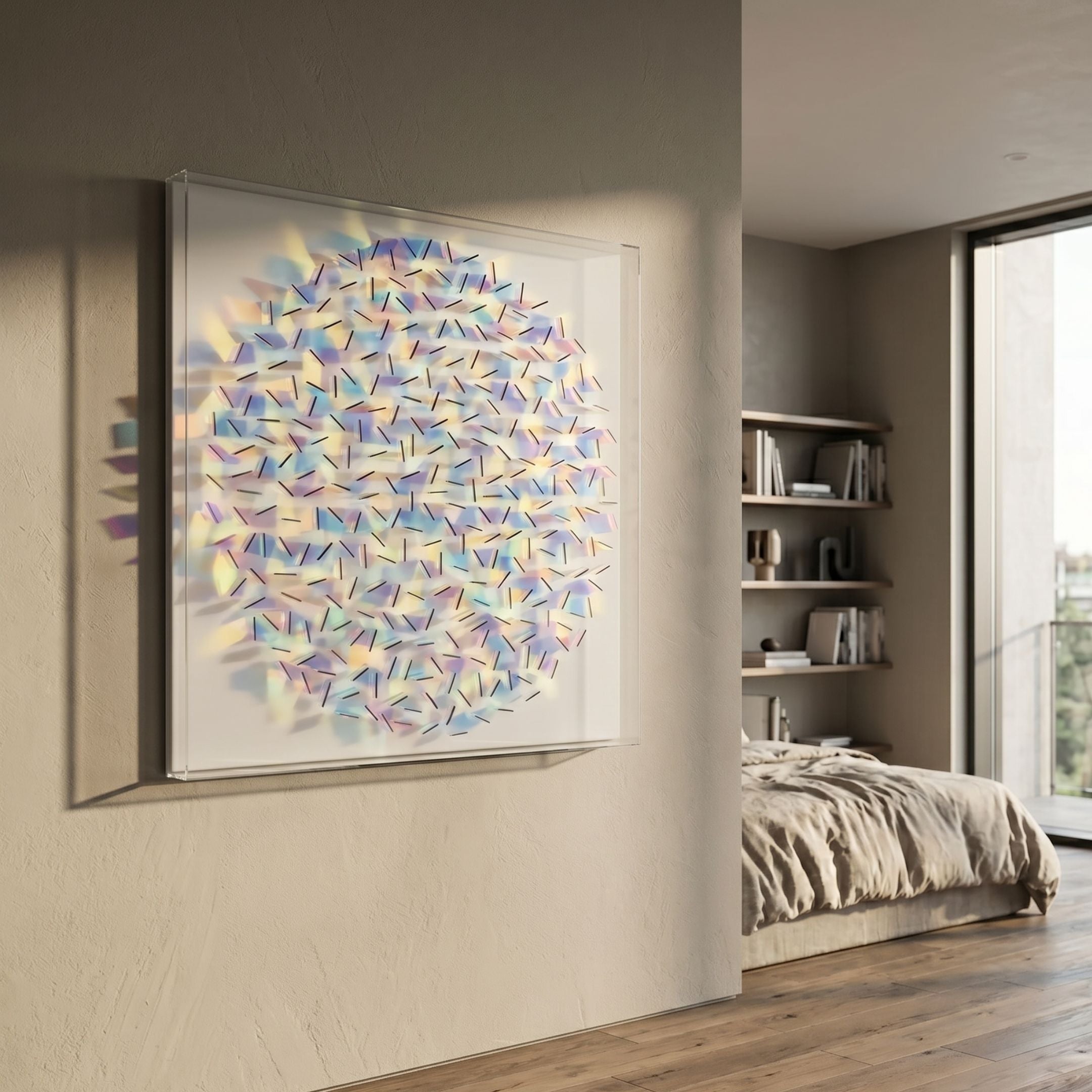 Haliora Iridescent Shard Circular Acrylic 3D Wall Art by Giant Sculptures displayed on a beige wall in a modern bedroom with oak floors and shelving.