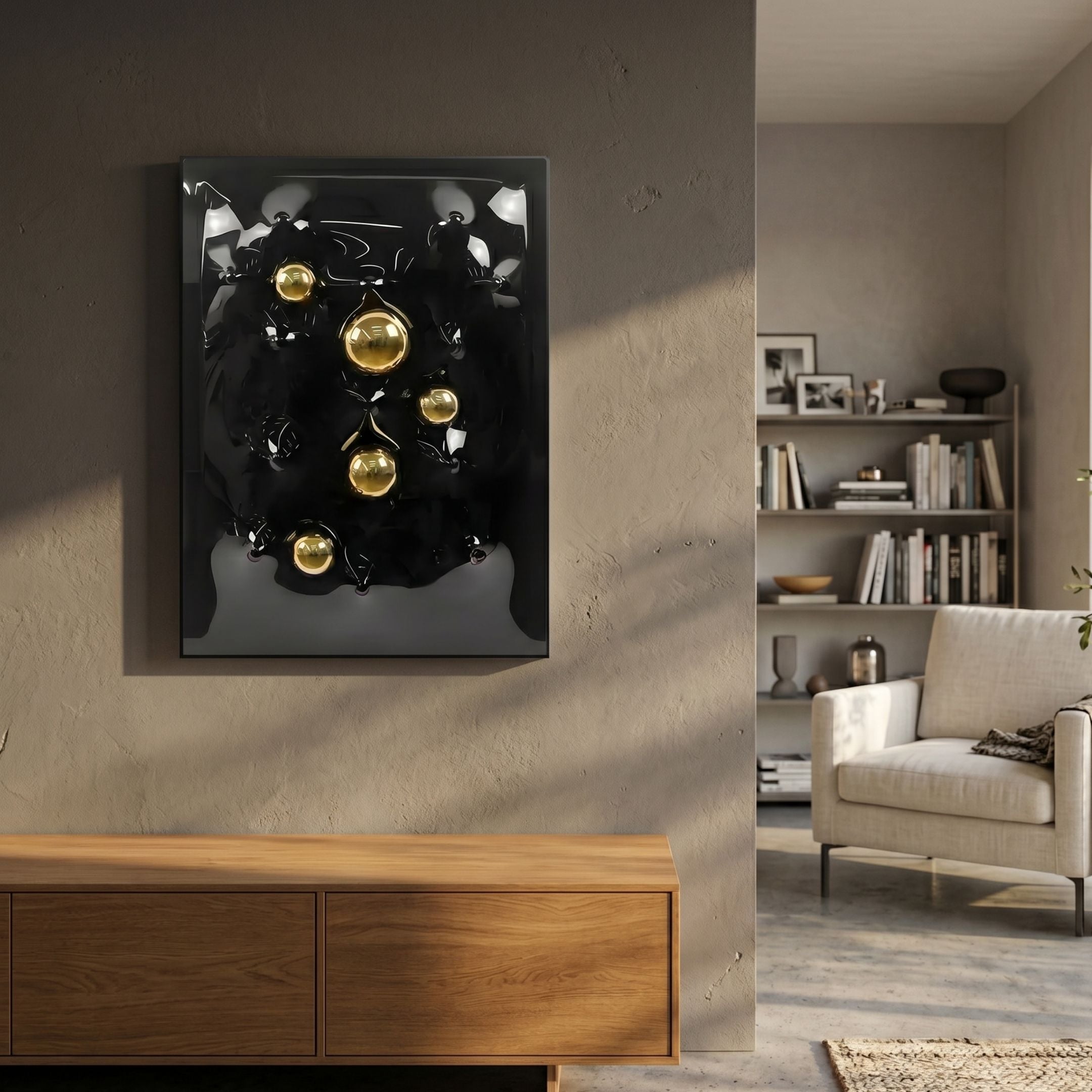 Aurezal Black Gloss & Gold Orb Acrylic 3D Wall Art by Giant Sculptures displayed above a walnut sideboard, with a beige armchair and bookshelves nearby.