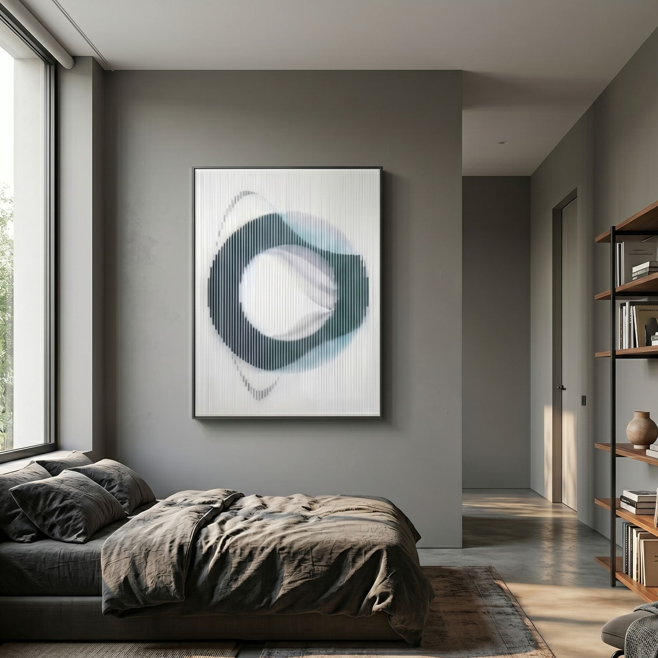 Kynoro Teal Ring Motion Acrylic 3D Wall Art by Giant Sculptures displayed above a grey linen bed in a modern bedroom with a wooden bookshelf nearby.