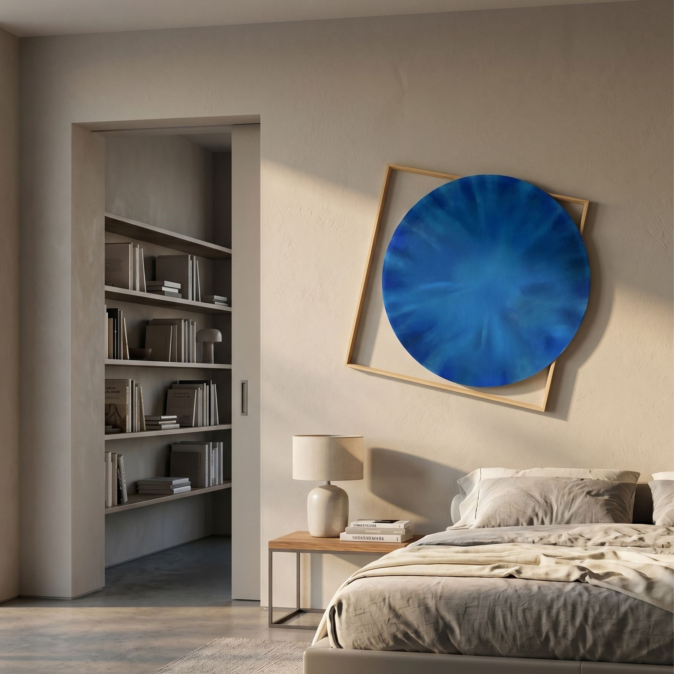 Aurenza Cobalt Blue Acrylic & Metal Frame 3D Wall Art mounted above a bedside table and bed, with a cobalt disc layered over a tilted gold square frame.
