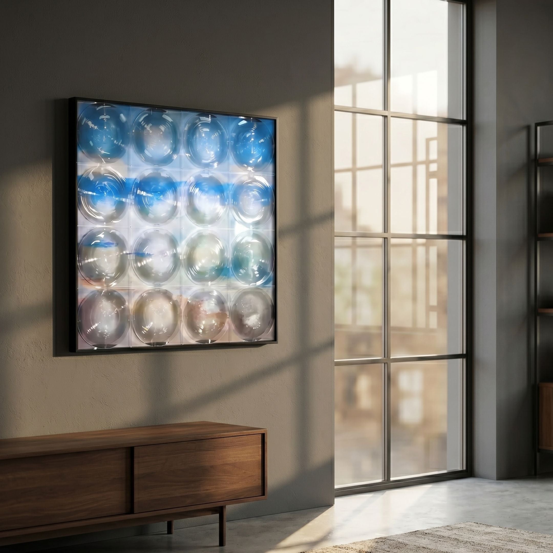 Seavista Cloudline Blue Horizon Acrylic Dome 3D Wall Art mounted on a grey wall above a walnut sideboard beside a tall sunlit window in a modern room.