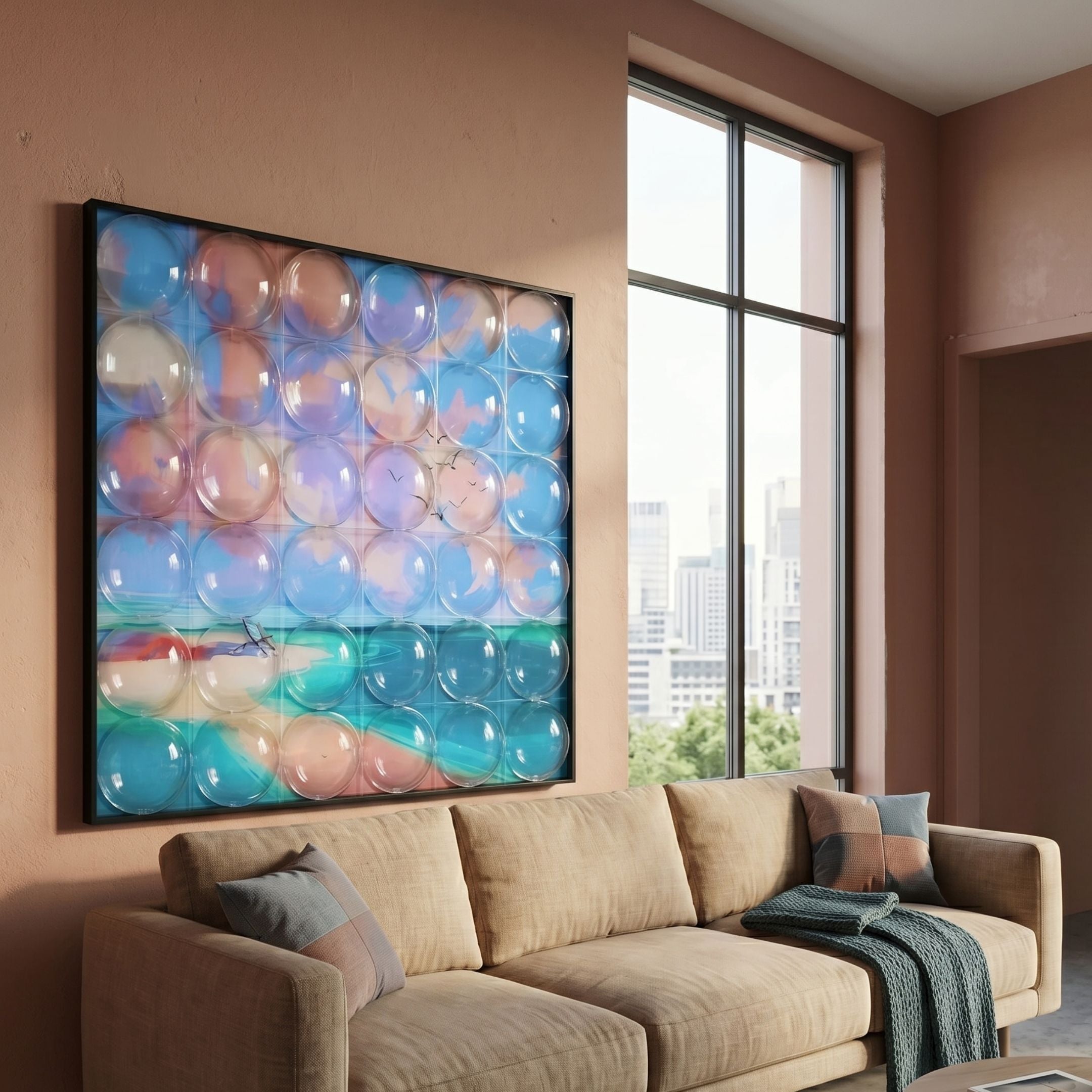 Seavista Sunset Shore Acrylic Dome 3D Wall Art by Giant Sculptures displayed above a beige sofa in a terracotta-walled living room beside a tall city-view window.