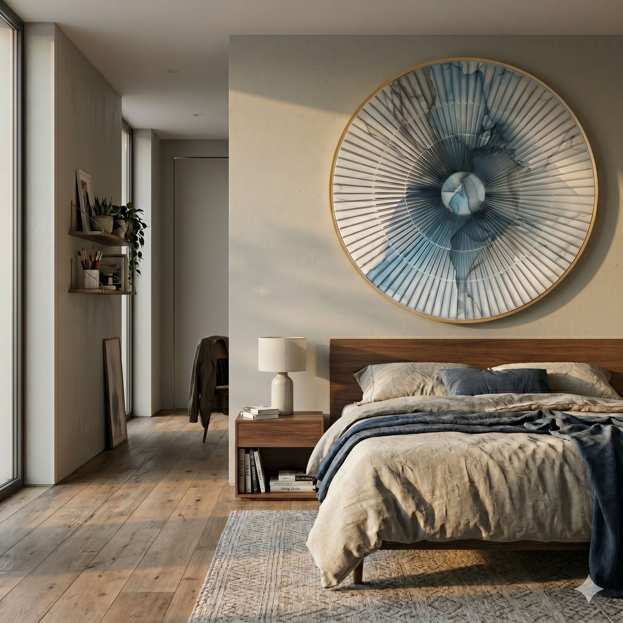 Flusira Ice Blue Circular Acrylic 3D Wall Art by Giant Sculptures mounted above a walnut bed with linen bedding in a sunlit modern bedroom.
