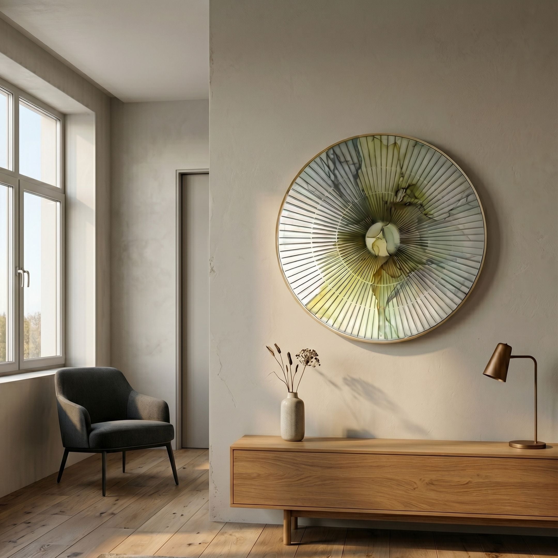 Flusira Ochre Sage Circular Acrylic 3D Wall Art by Giant Sculptures with gold rim, displayed above an oak sideboard in a sunlit room with a grey armchair.