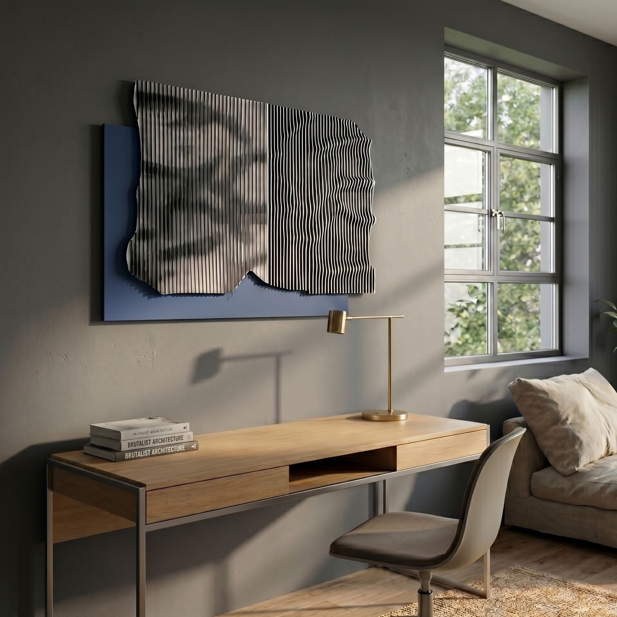 Strialux Mono Illusion Blue Leather & Acrylic 3D Wall Art by Giant Sculptures, mounted above a wooden desk with brass lamp in a grey-walled home office.