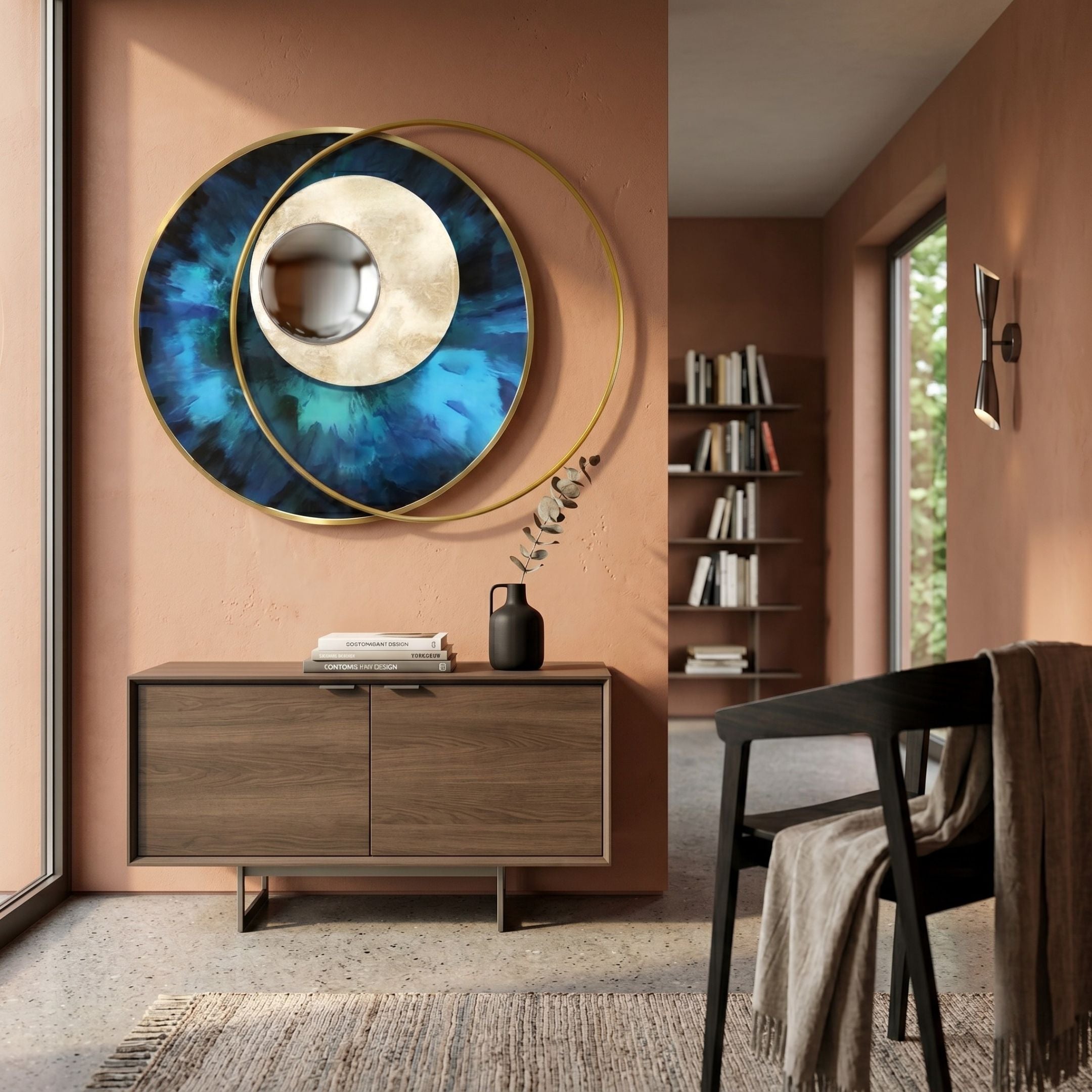 Solvata Cobalt Teal Orbit & Metal Ring 3D Wall Art by Giant Sculptures, with blue and cream discs and a gold ring, mounted above a walnut sideboard.