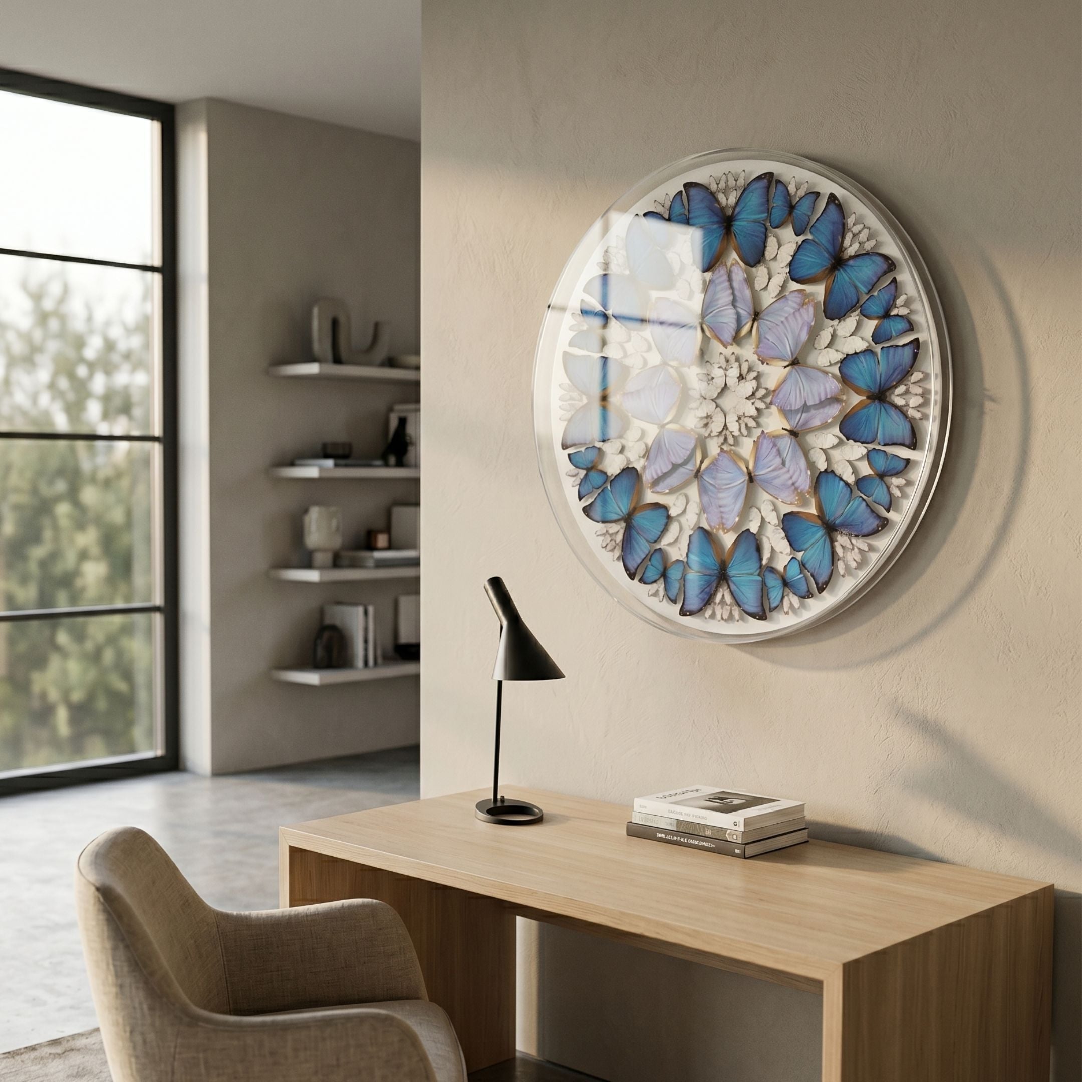 Papillure Harmony Butterfly Mandala Acrylic 3D Wall Art with blue and white butterflies in radial symmetry, mounted above a wooden desk in a modern office.