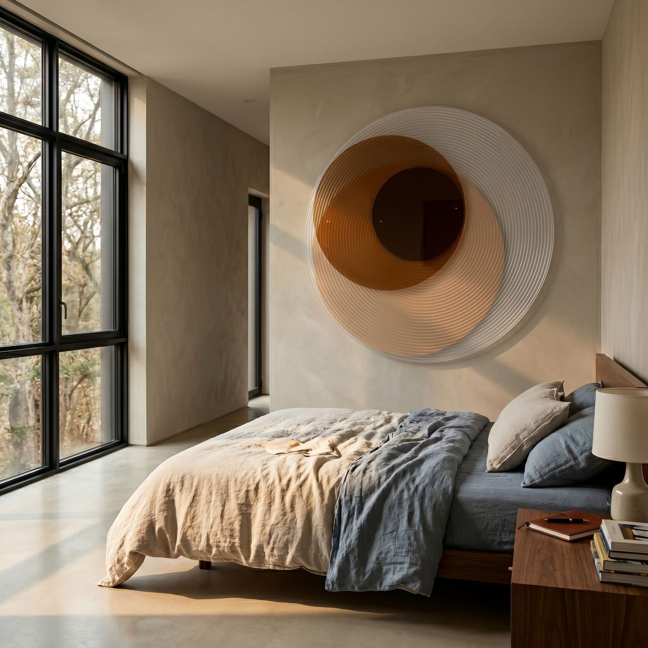 Volyra Warm Ochre Disc Wood & Acrylic 3D Wall Art by Giant Sculptures mounted above a linen-dressed bed in a sunlit bedroom with floor-to-ceiling windows.