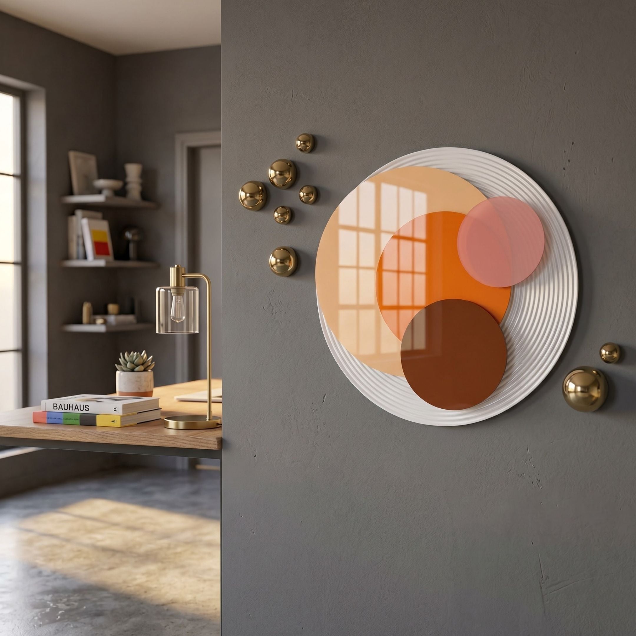Cirelo Amber & Orange Disc Acrylic 3D Wall Art mounted on a grey wall beside gold metal balls, above a desk with a brass lamp and Bauhaus book.