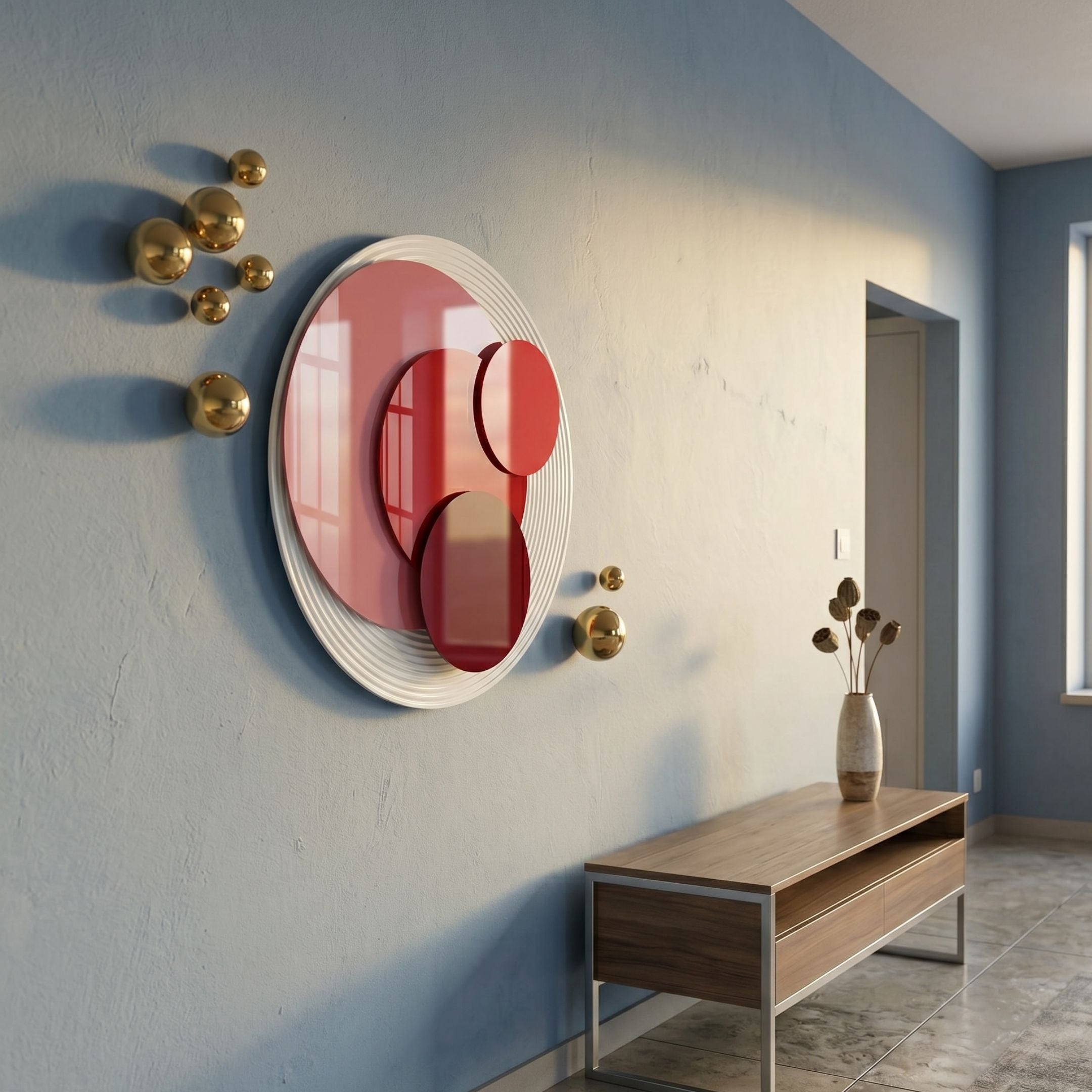 Cirelo Rose & Crimson Disc Acrylic 3D Wall Art mounted on a blue hallway wall with gold metal spheres above a wooden console table and vase.