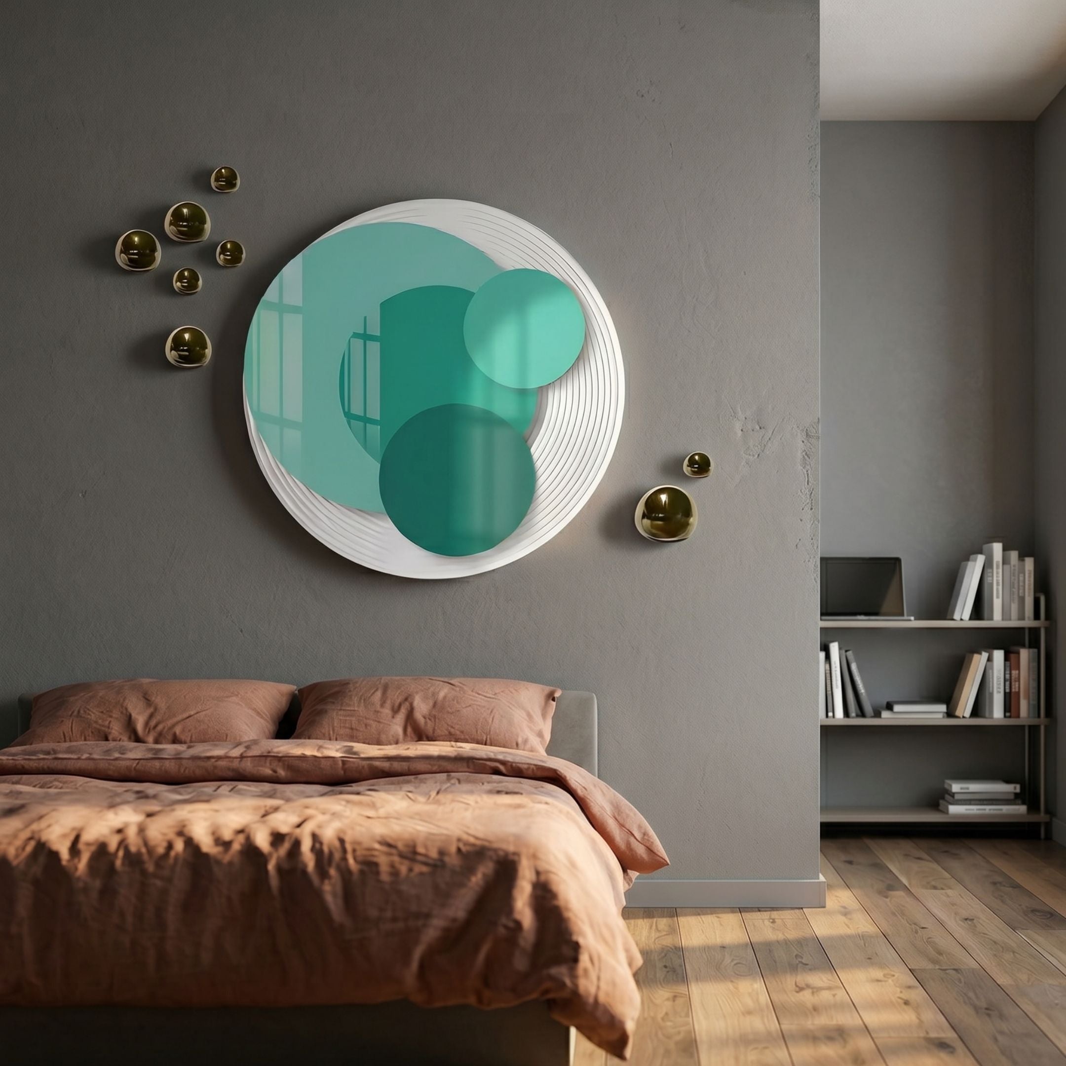 Cirelo Teal & Mint Disc Acrylic 3D Wall Art mounted above a bed with brown linen, paired with clustered gold metal balls on a grey bedroom wall.