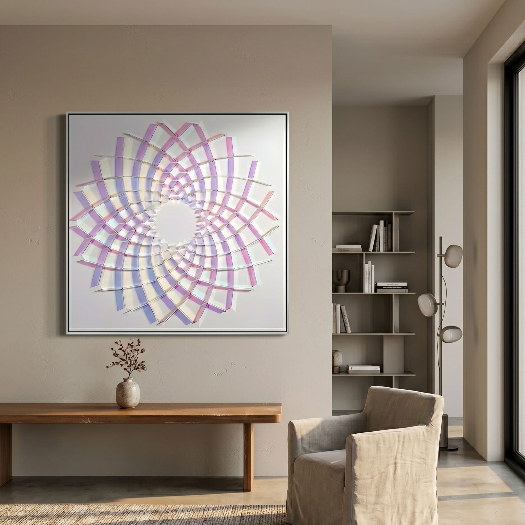 Lumira Pastel Spiral Fold Acrylic 3D Wall Art in pink, blue, and cream tones displayed above a wooden bench in a neutral living room.