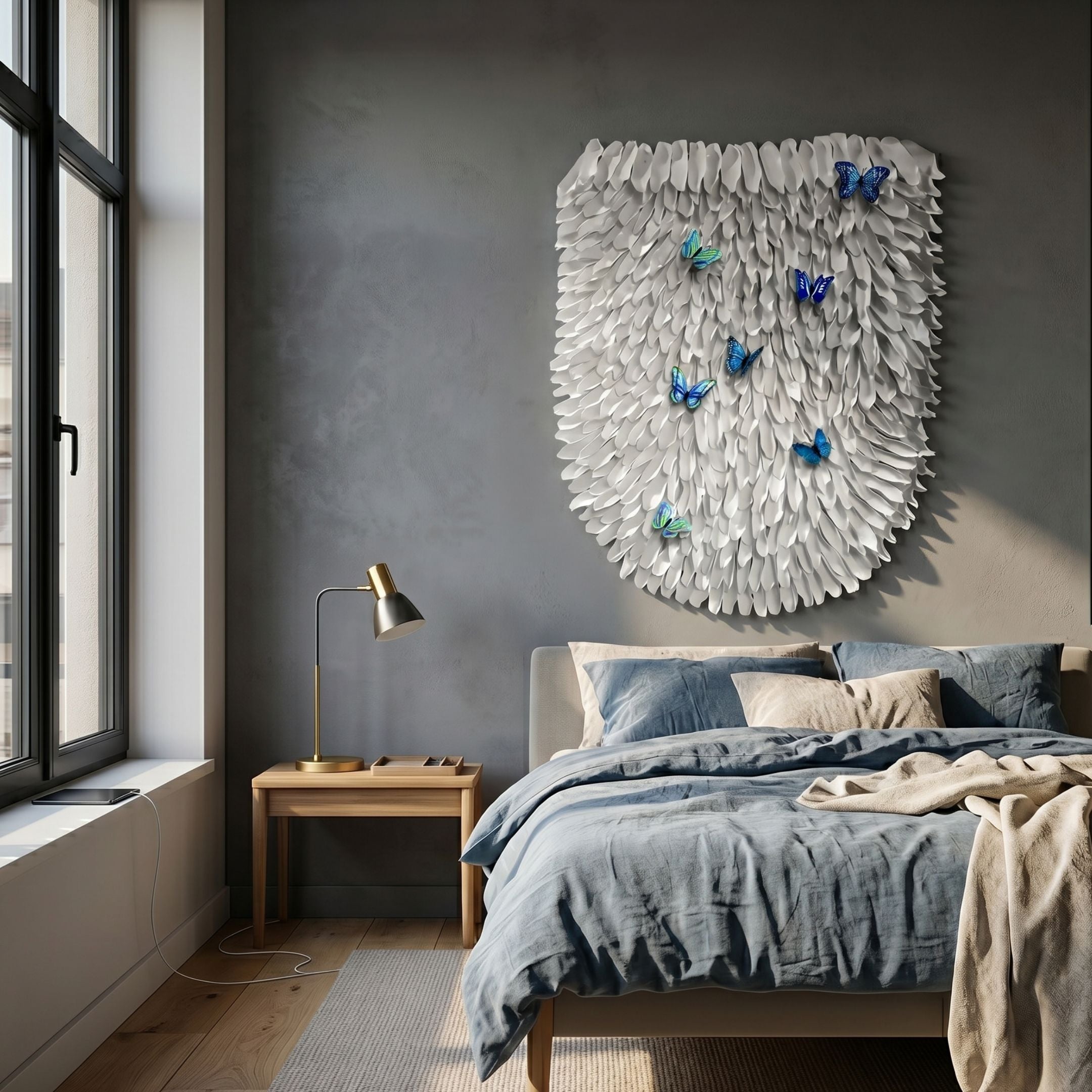 Papillara Blue Butterfly Feathered Acrylic 3D Wall Art by Giant Sculptures mounted above a bed with blue linens, beside a window and wooden nightstand.