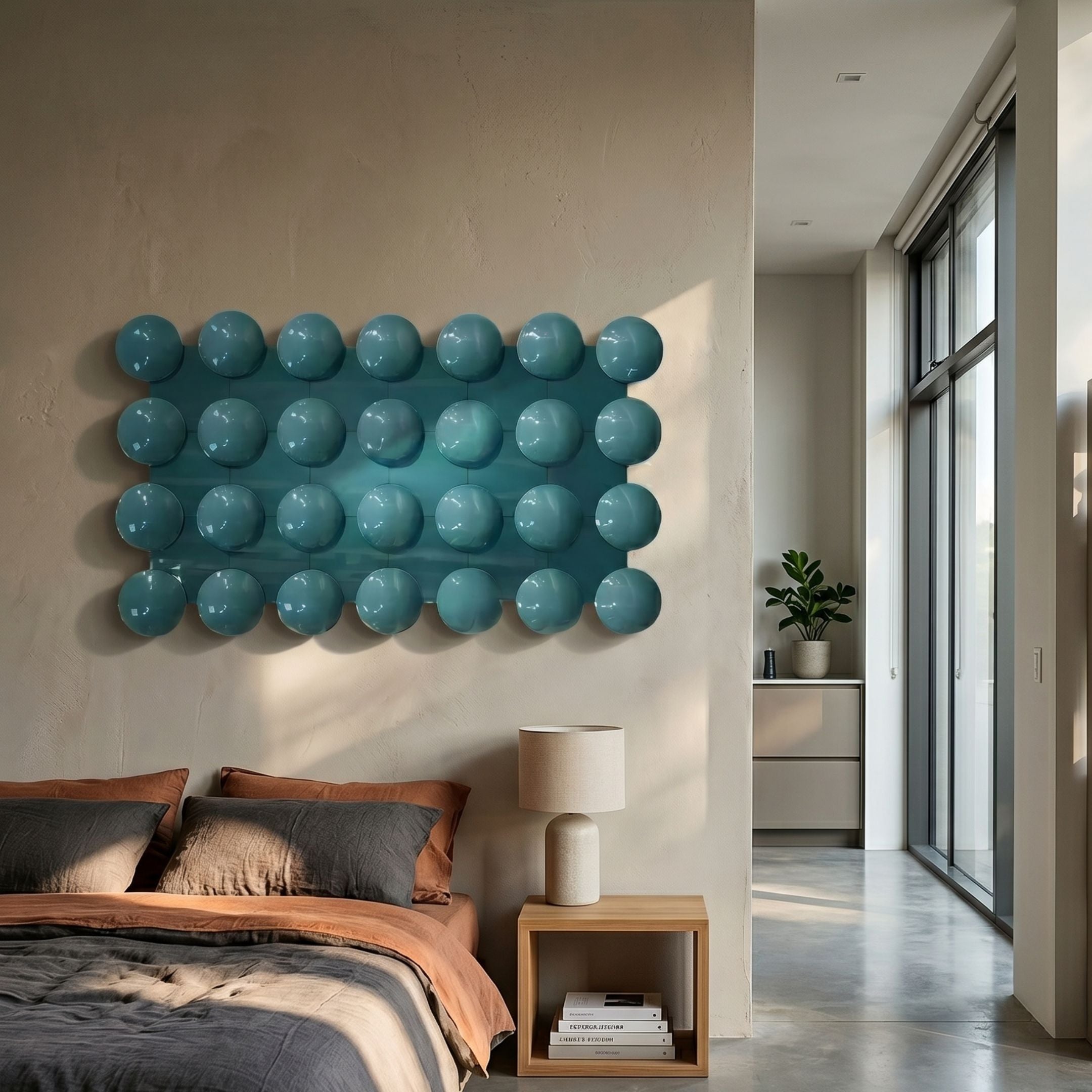Orbessa Teal Bubble Grid Linear Acrylic 3D Wall Art mounted above a bed with rust and grey linens, beside a wooden nightstand and lamp in a modern bedroom.