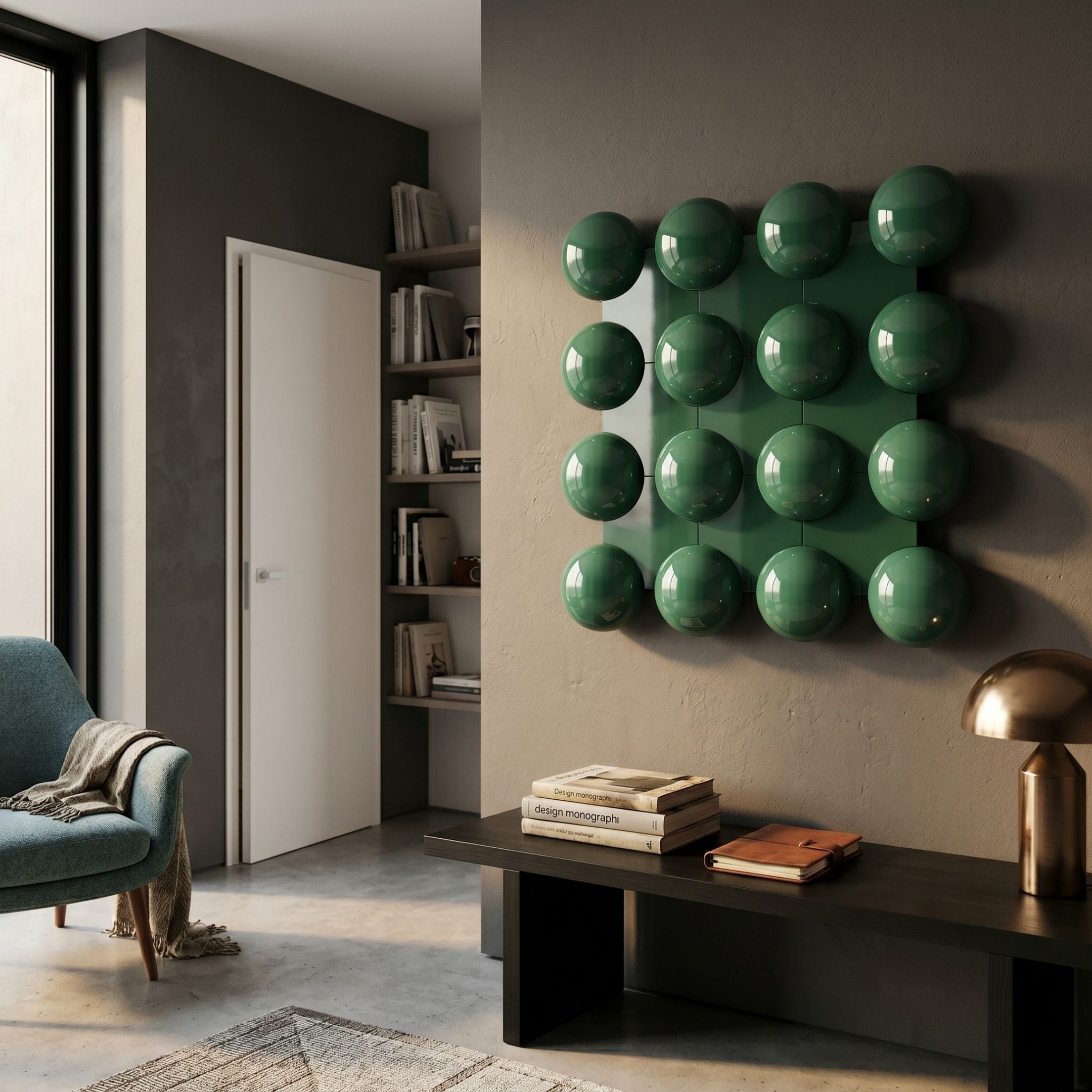 Orbessa Green Bubble Grid Rectangle Acrylic 3D Wall Art by Giant Sculptures displayed on a taupe wall above a dark bench in a modern living room.