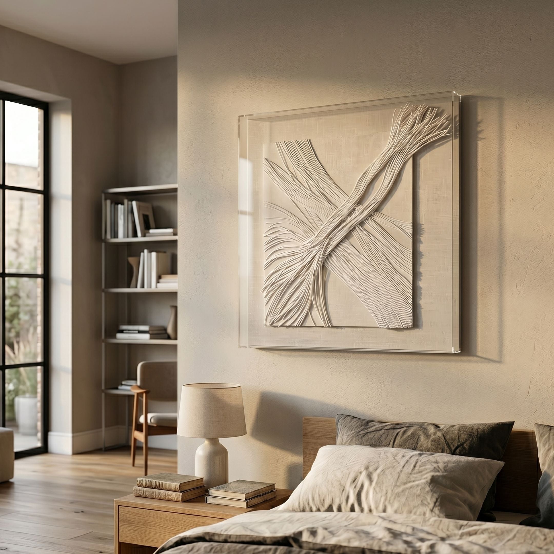 Lineora Cross Weave Cream Paper 3D Wall Art by Giant Sculptures in an acrylic shadow box, displayed in a neutral bedroom above a wooden nightstand and lamp.
