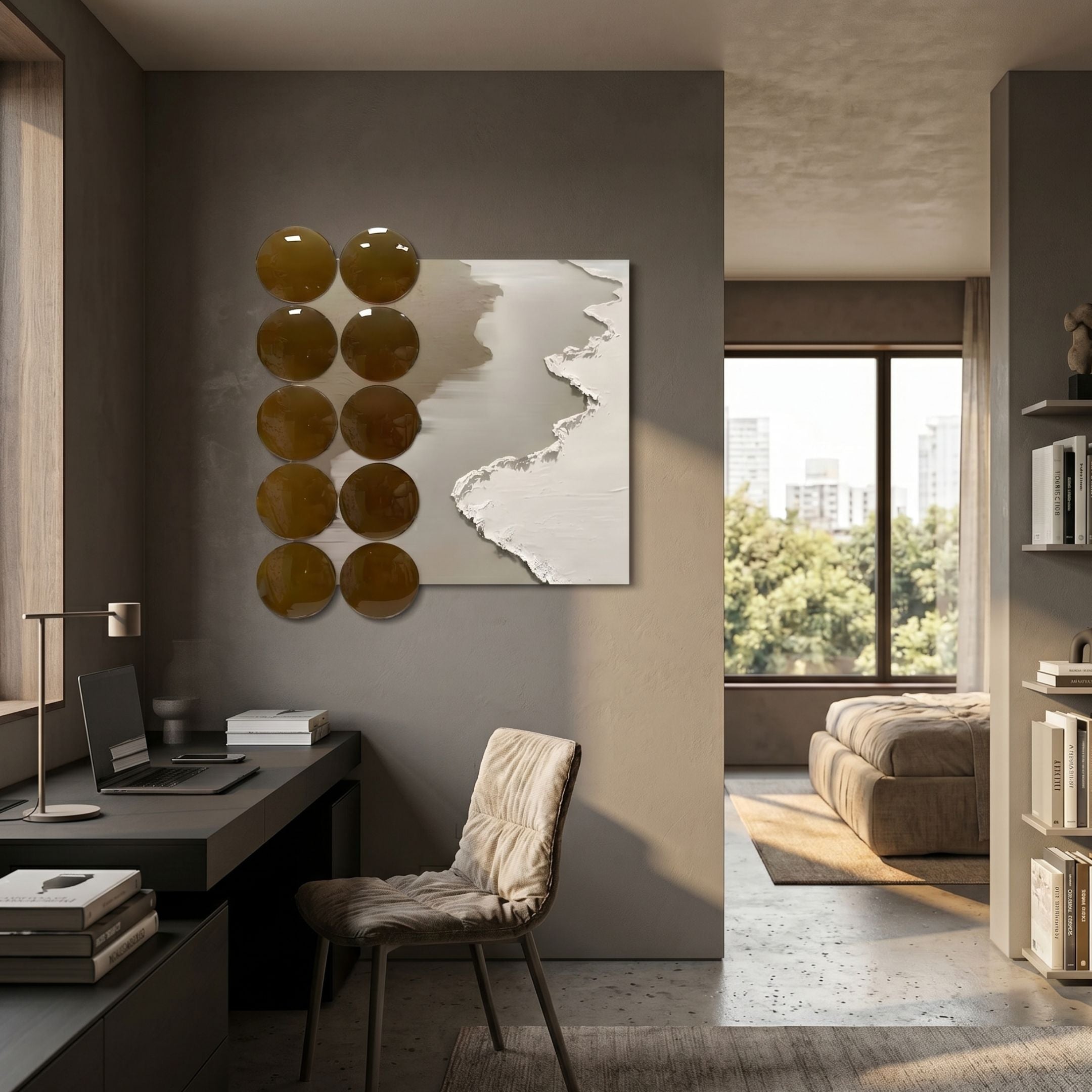 Tidelune Brown Acrylic Disc & Shoreline Texture 3D Wall Art by Giant Sculptures displayed in a modern home office with a grey desk, beige chair, and bedroom beyond.