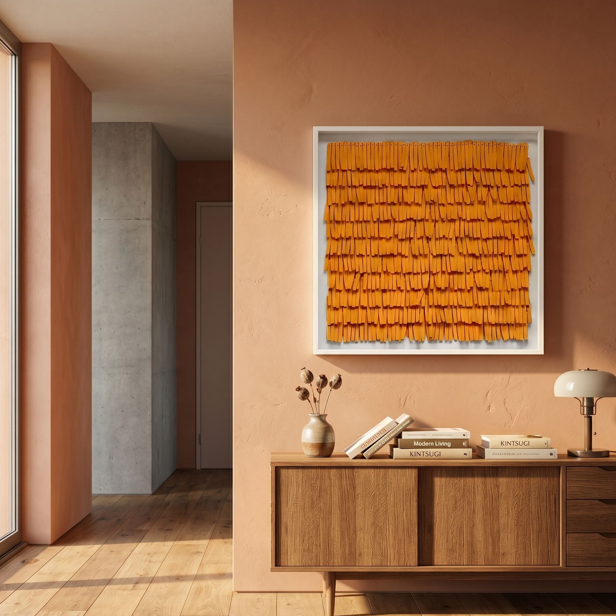 Frondra Orange Layered Leather 3D Wall Art by Giant Sculptures in a white box frame, mounted above a wooden sideboard with books and a lamp in a warm terracotta room.