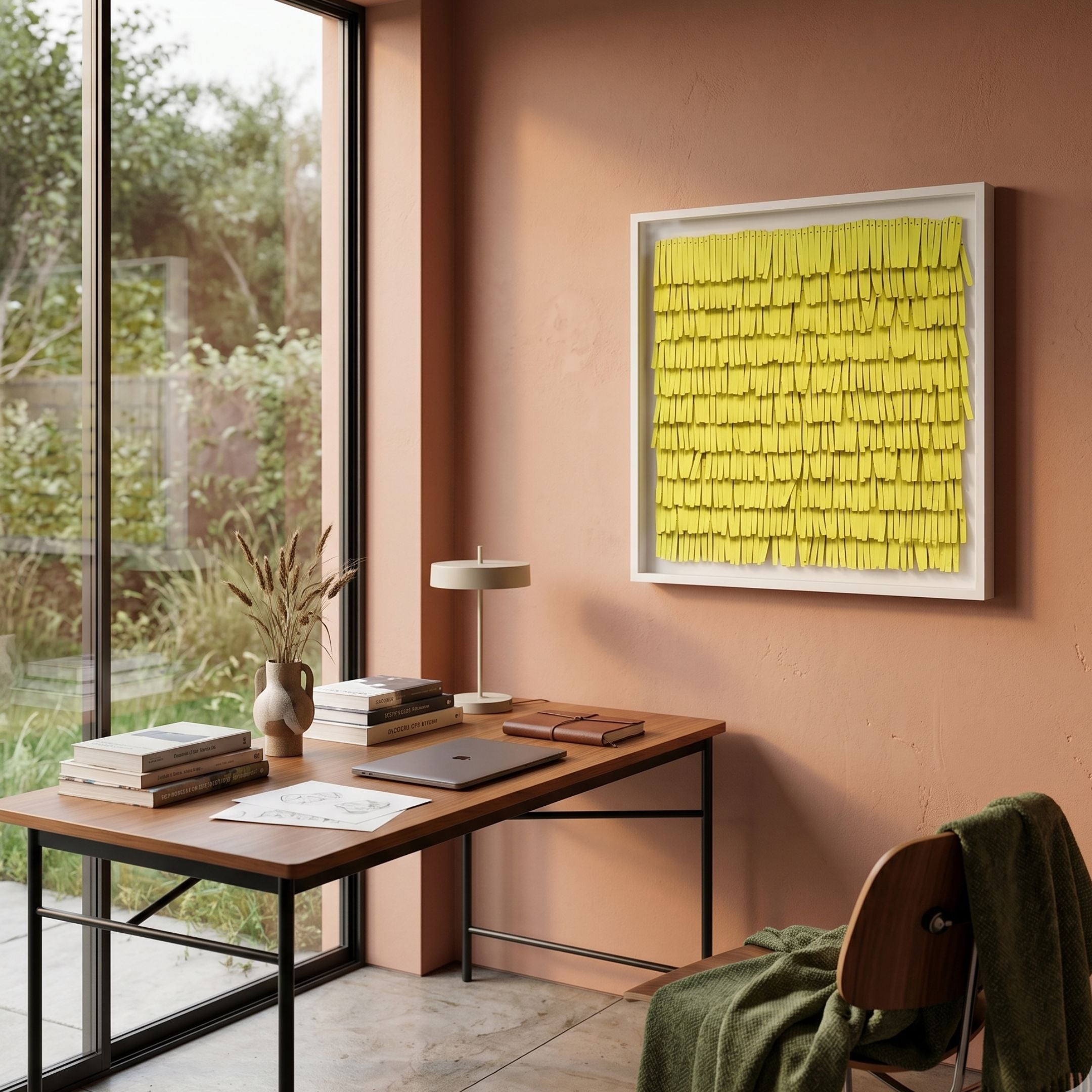 Frondra Yellow Layered Leather 3D Wall Art by Giant Sculptures displayed in a peach-toned home office above a wooden desk with books, lamp, and laptop.