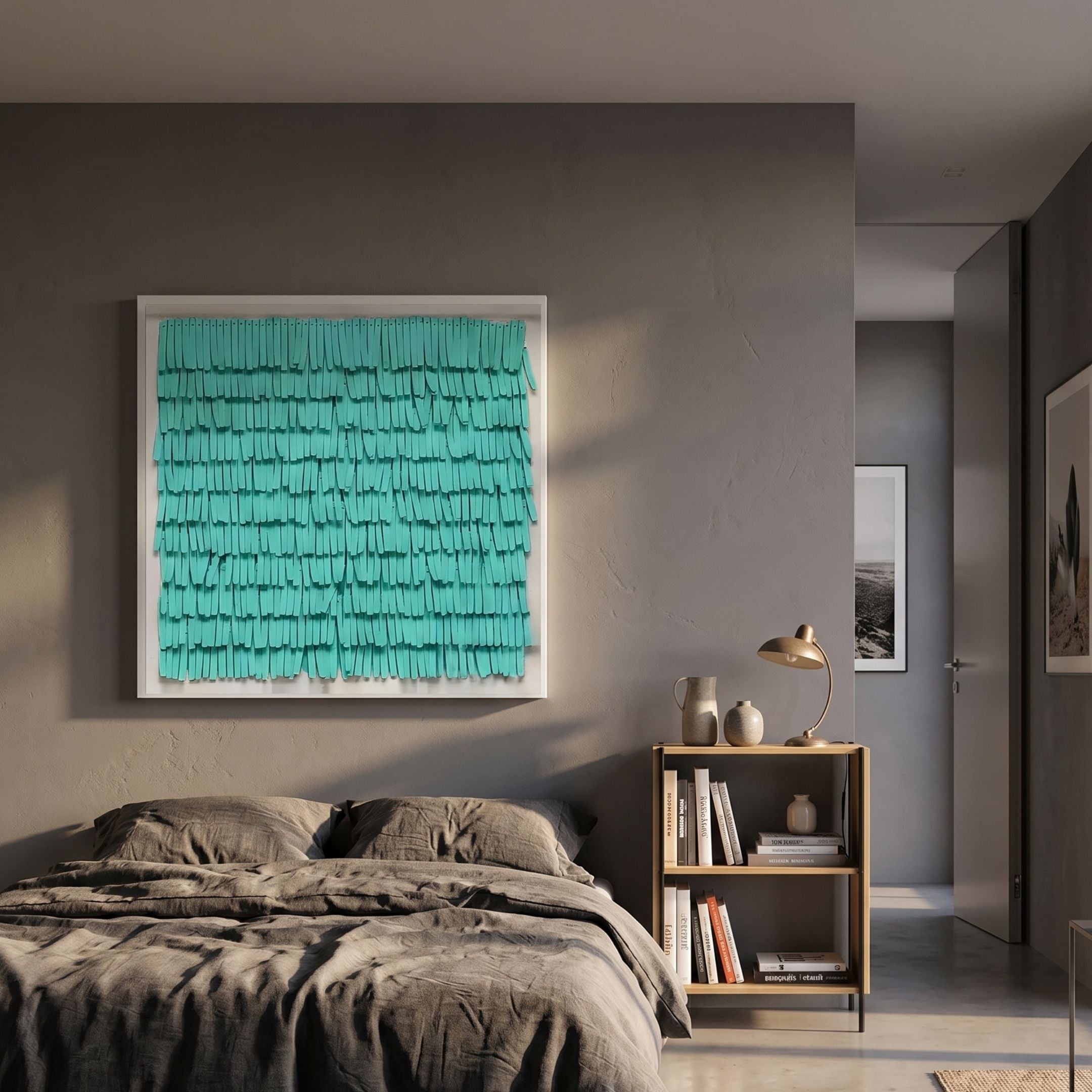 Frondra Aqua Layered Leather 3D Wall Art by Giant Sculptures displayed above a grey linen bed beside a wooden bookshelf with brass lamp in a modern bedroom.