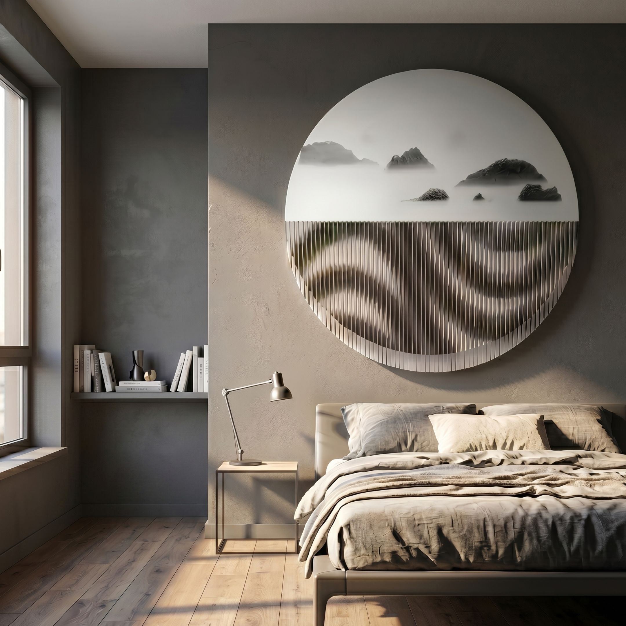 Skara Grey Isles & Monochrome Ripple Acrylic 3D Wall Art by Giant Sculptures, a round piece with misty peaks above rippled slats, mounted in a bedroom.