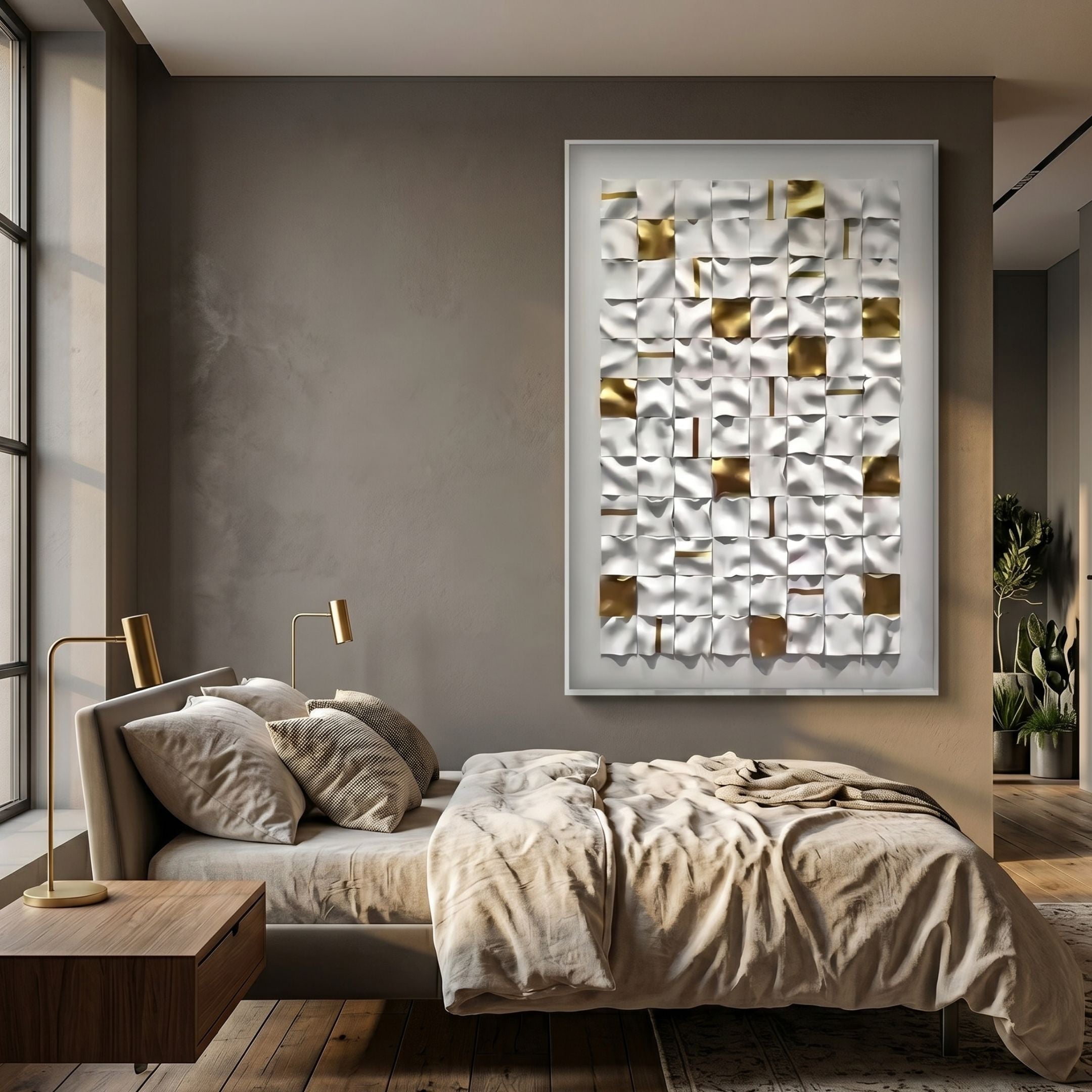 Lucida Gold & White Vertical Acrylic 3D Wall Art by Giant Sculptures displayed above a bed with linen bedding, brass lamps, and a grey accent wall.