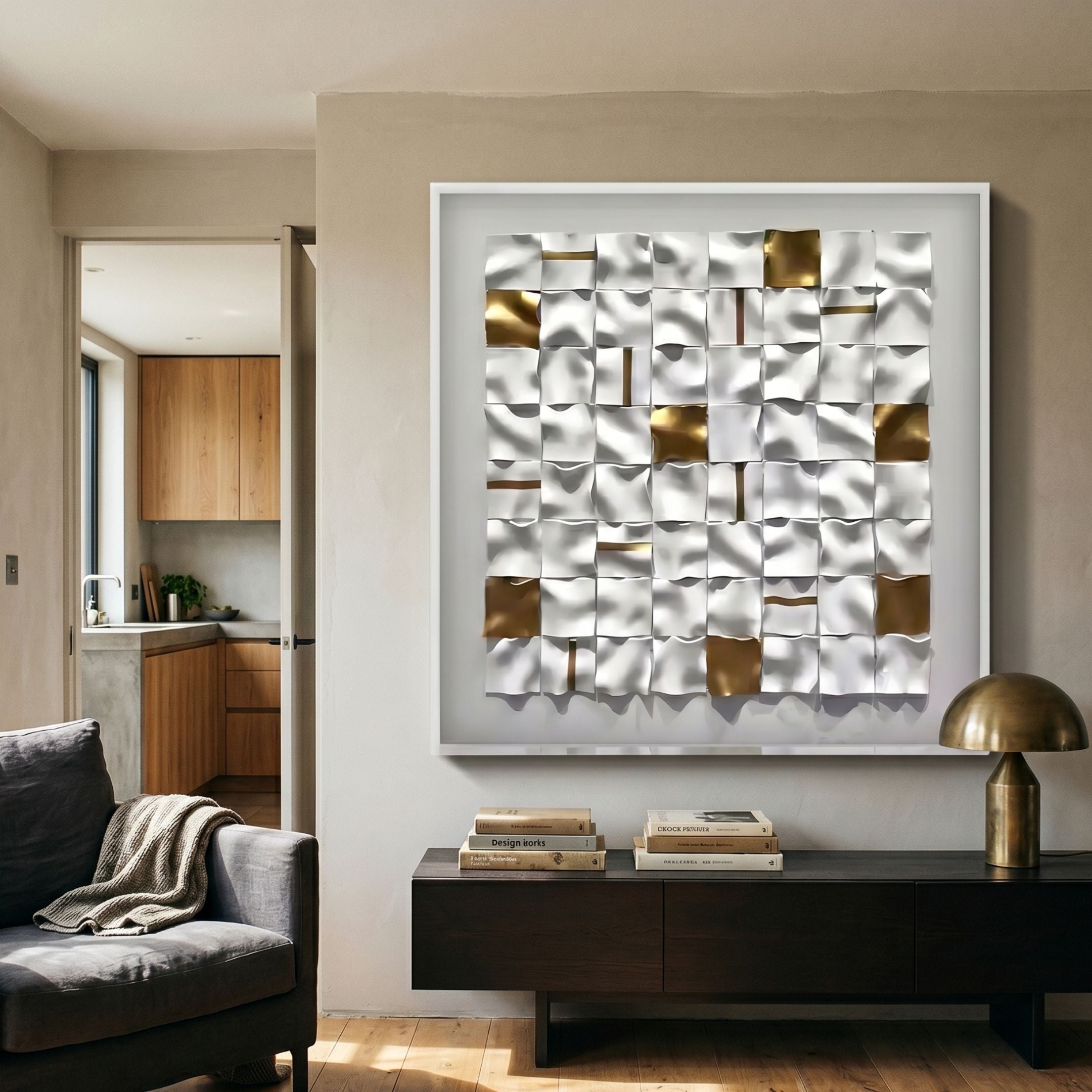 Lucida Gold & White Acrylic Square 3D Wall Art mounted above a dark sideboard with brass lamp in a modern living room beside a grey armchair.