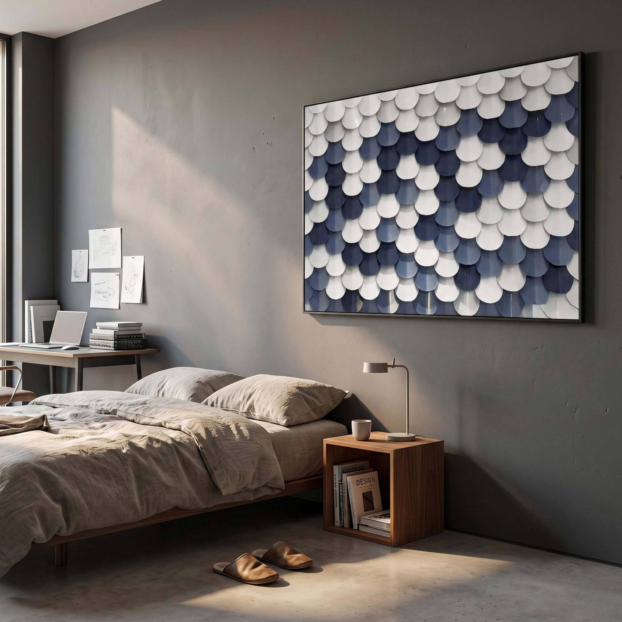 Scalara Navy & White Acrylic 3D Wall Art by Giant Sculptures displayed above a wooden nightstand in a modern grey bedroom with a linen bed and desk.